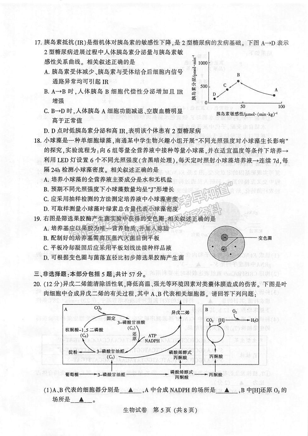 2022屆蘇北七市高三第一次調(diào)研（南通一模）生物試題及答案