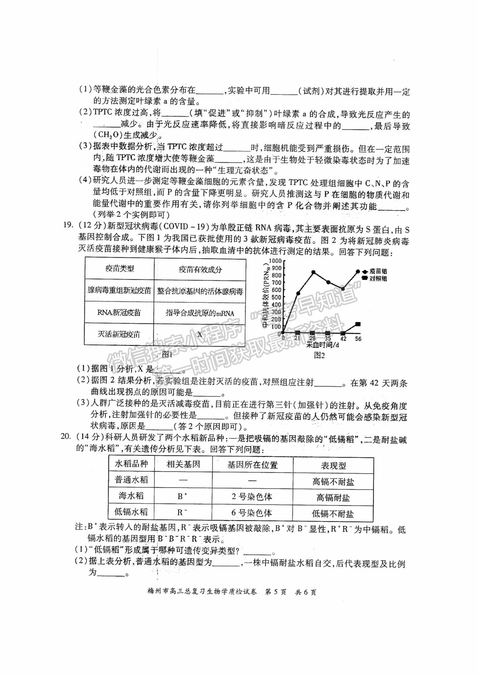 2022梅州一模生物試題及參考答案