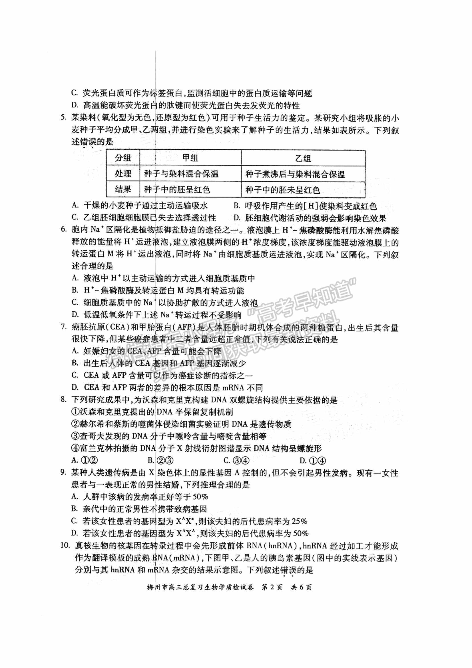 2022梅州一模生物試題及參考答案