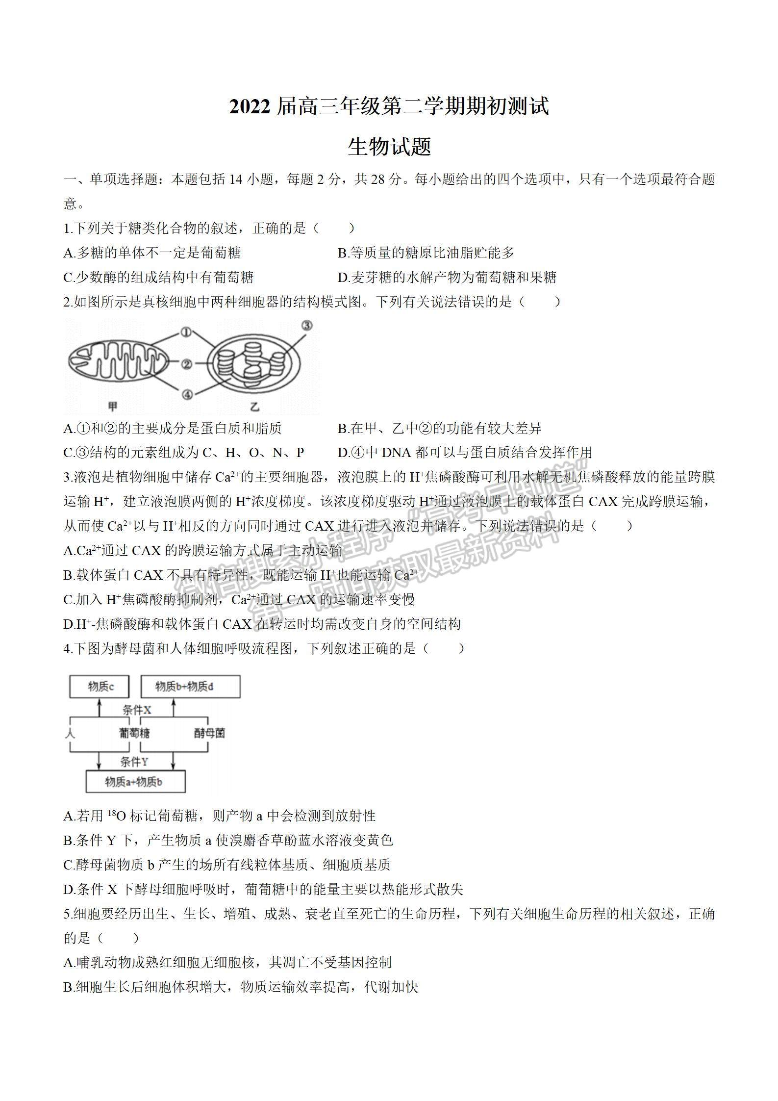 2022屆江蘇省淮陰中學(xué)、姜堰中學(xué)、蘇州中學(xué)、海門中學(xué)高三下學(xué)期期初考生物試題及答案