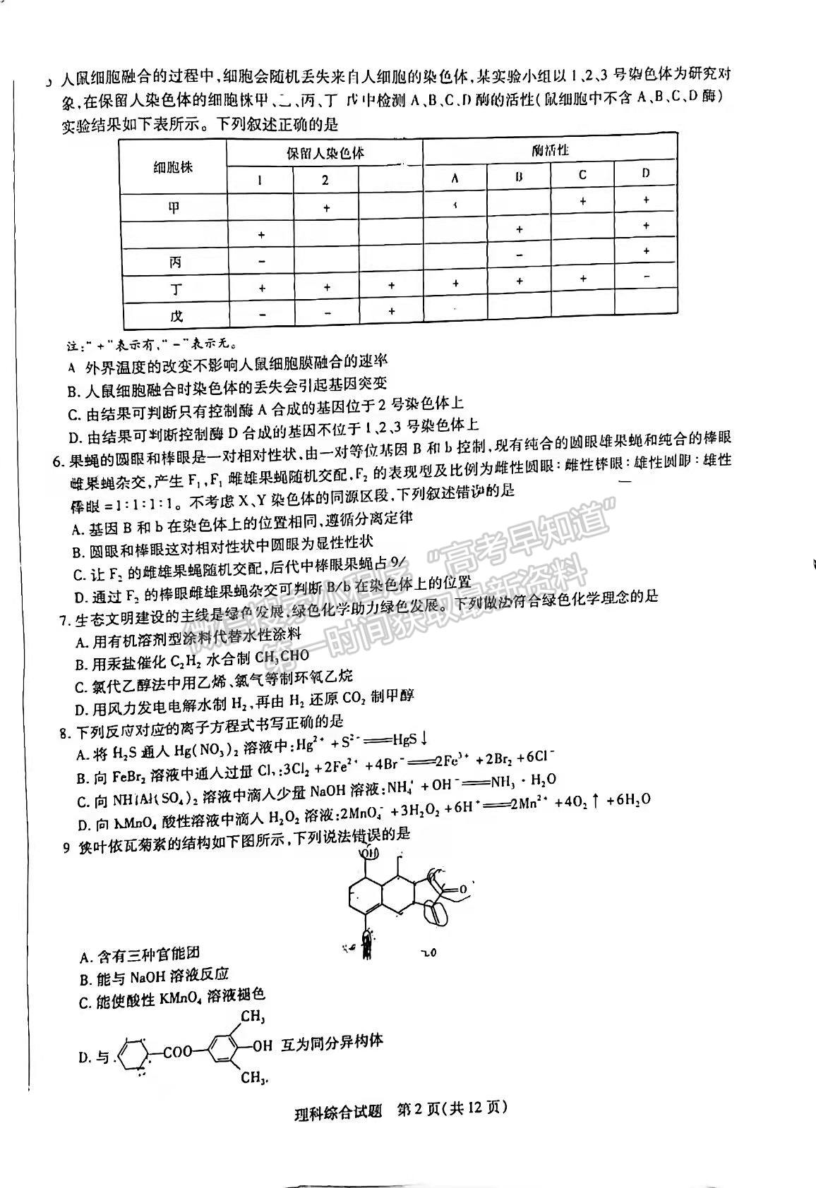 2022河南許昌二模理綜試題及參考答案