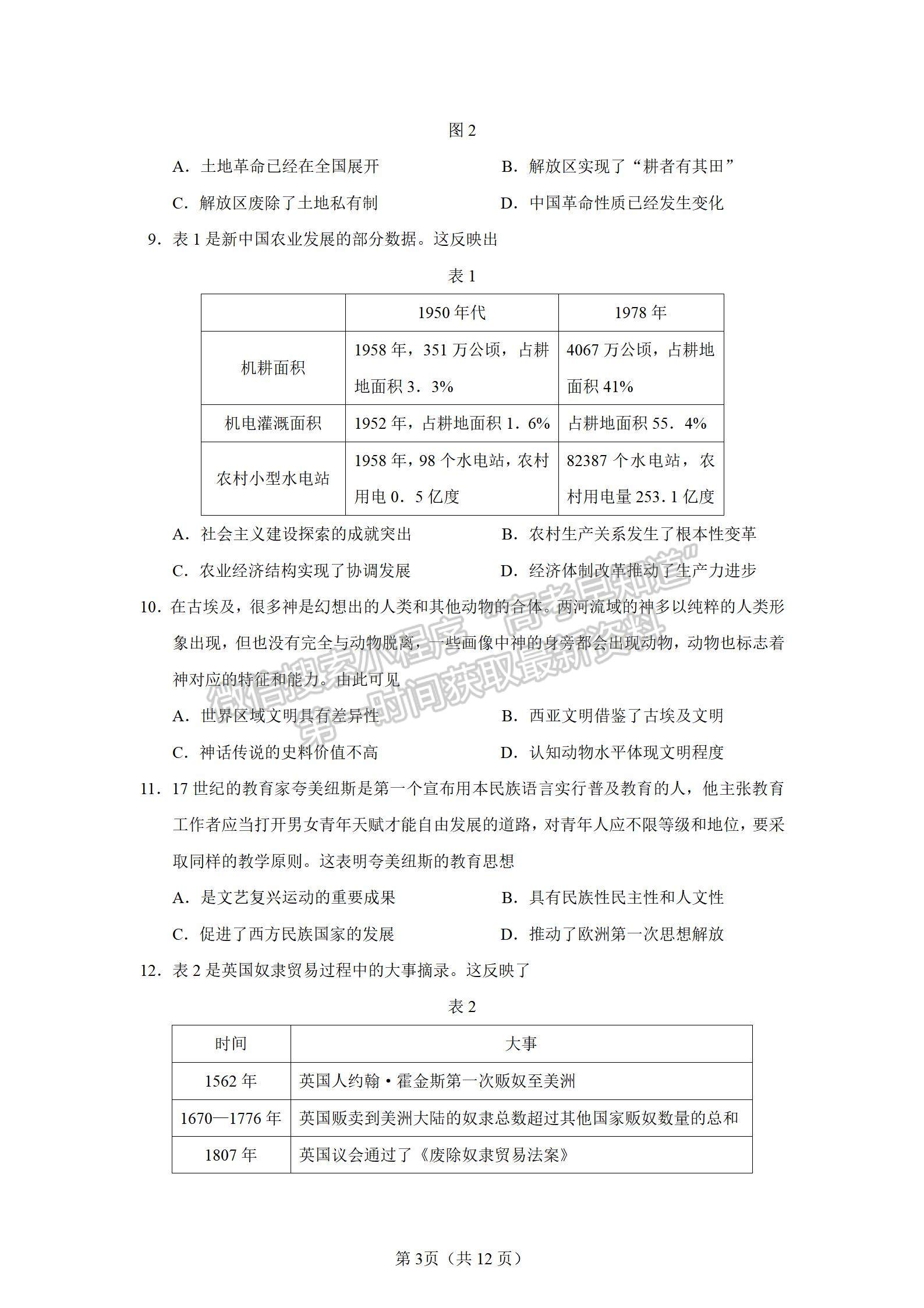 2022山東臨沂一模歷史試題及參考答案（全）