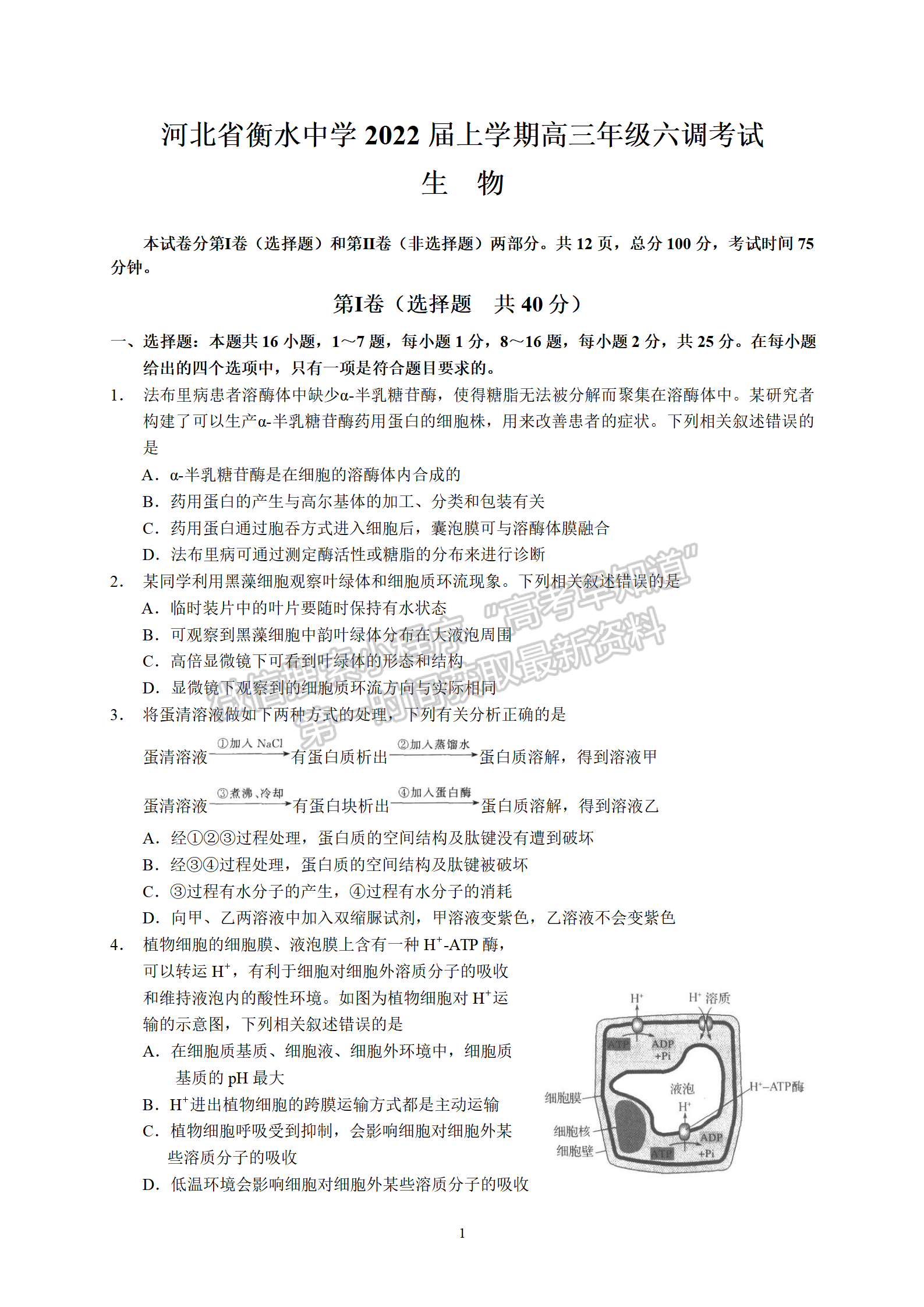 衡水中學(xué)2022屆高三六調(diào)考試生物試卷答案