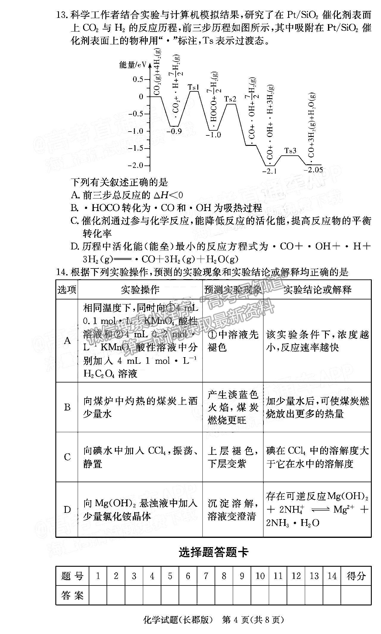 2022長郡中學高三月考（六）化學試題及參考答案