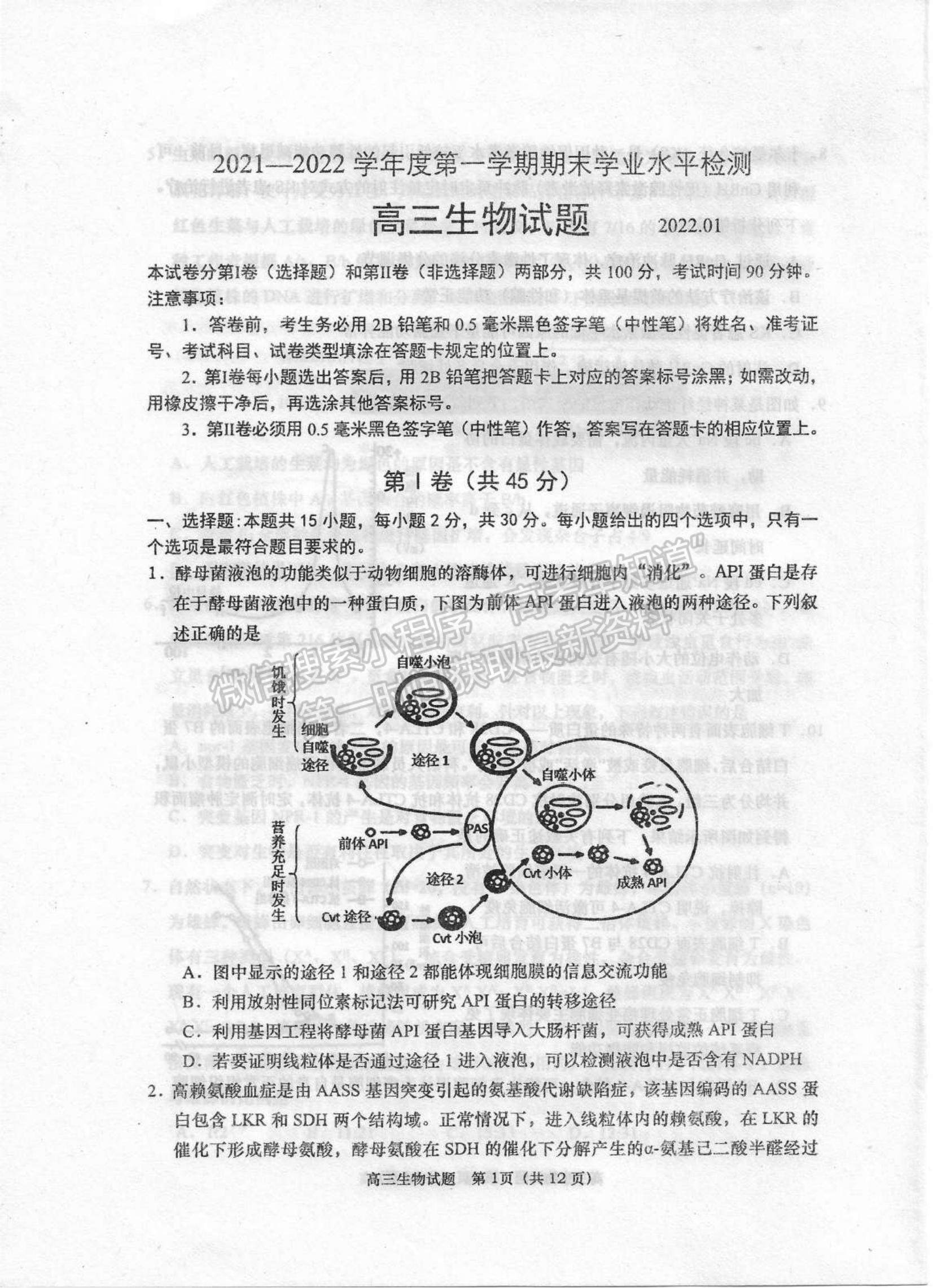 山東省青島四區(qū)2021-2022學(xué)年高三上學(xué)期期末考試生物試題及參考答案