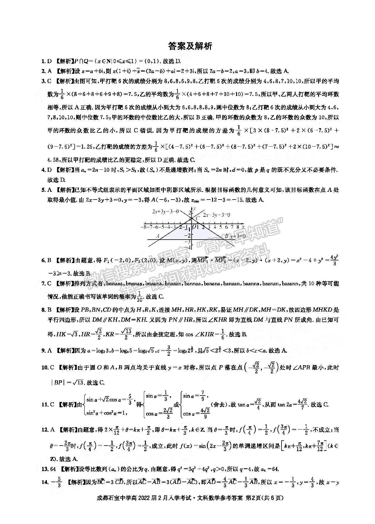 成都石室中學(xué)2021-2022學(xué)年度下期高2022屆開學(xué)考試文科數(shù)學(xué)答案