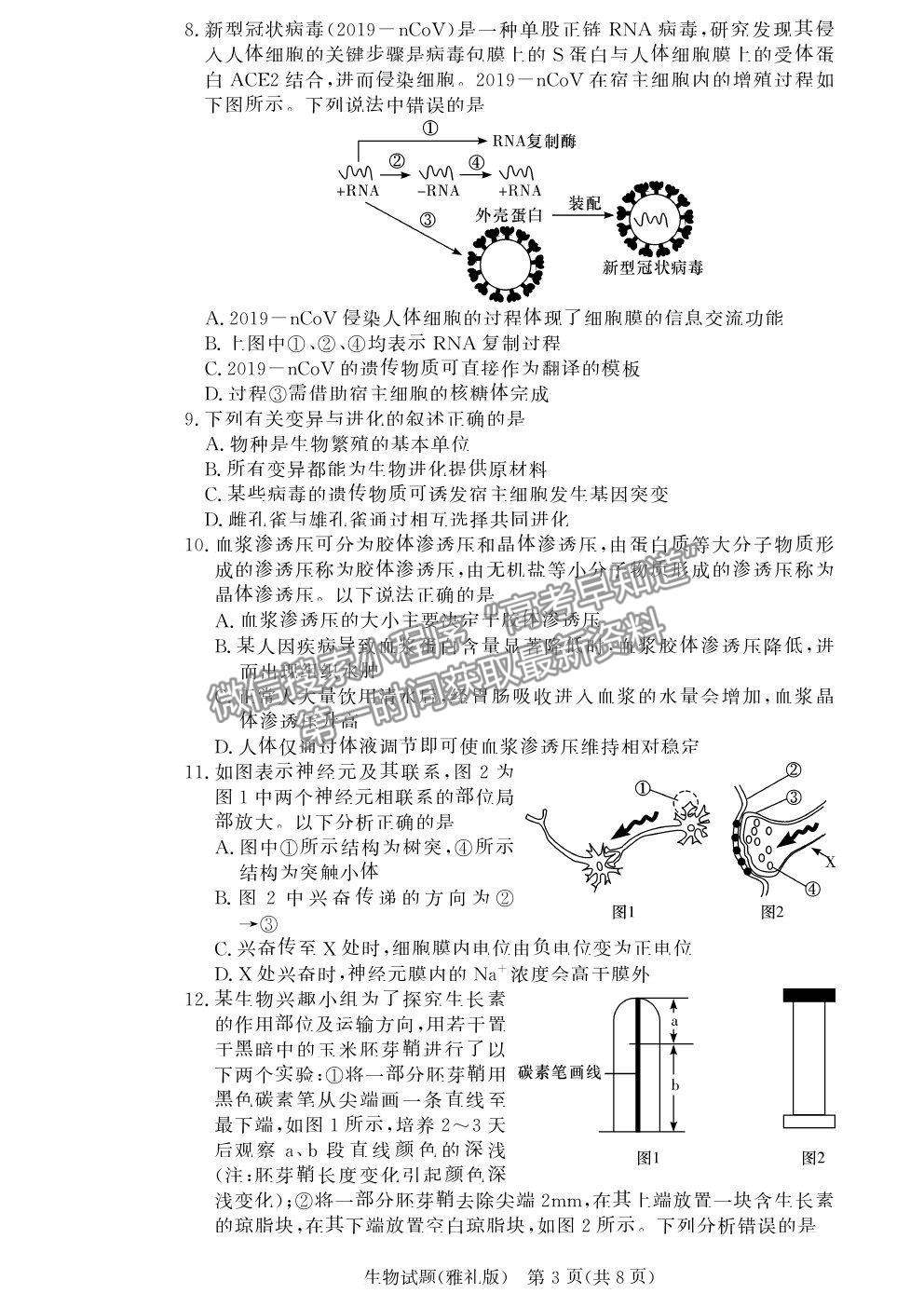 2021湖南省長(zhǎng)沙市雅禮中學(xué)高三月考（六）生物試題及參考答案