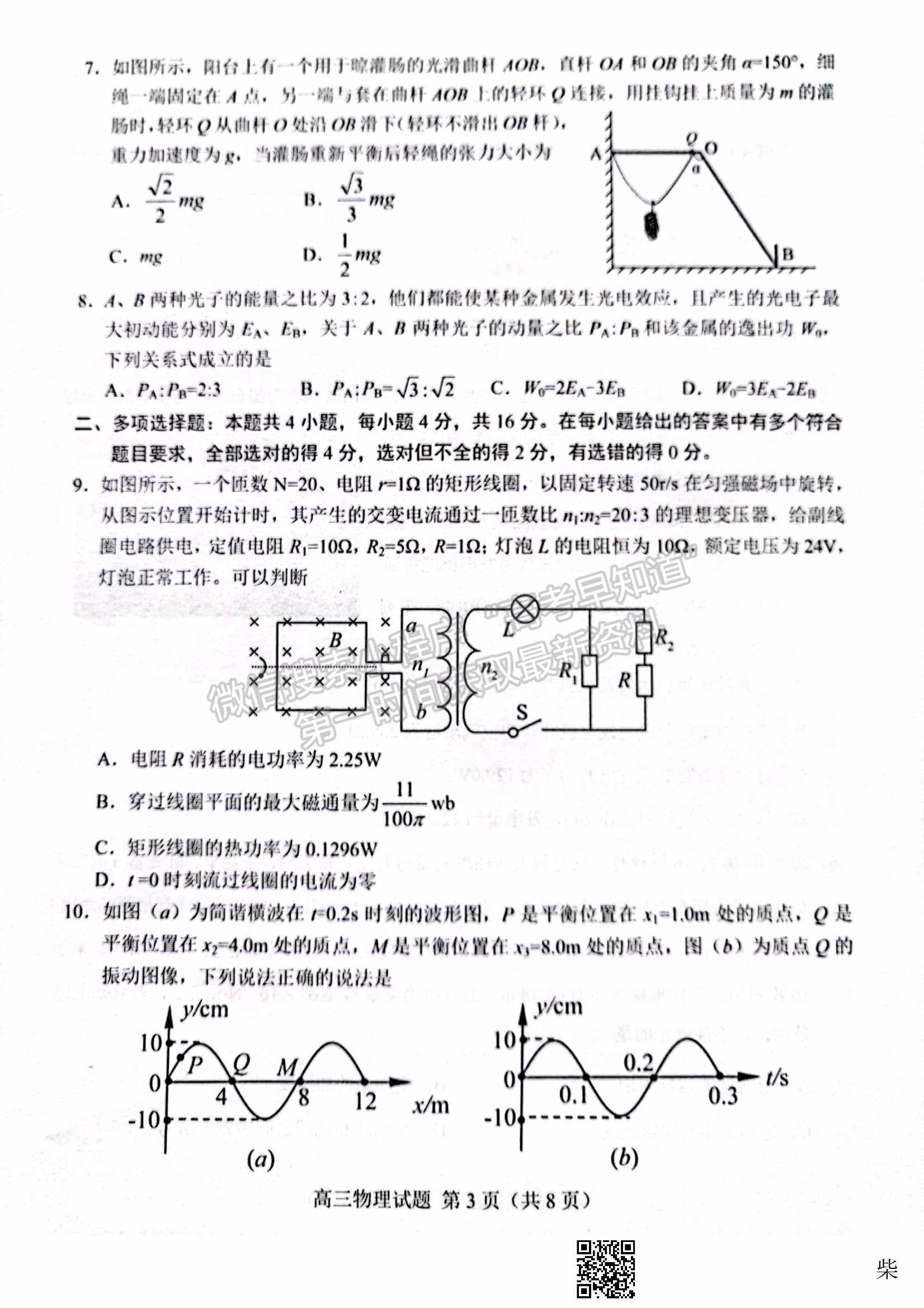 2022屆山東省菏澤市高三第一次模擬考試（一模）物理試題及參考答案