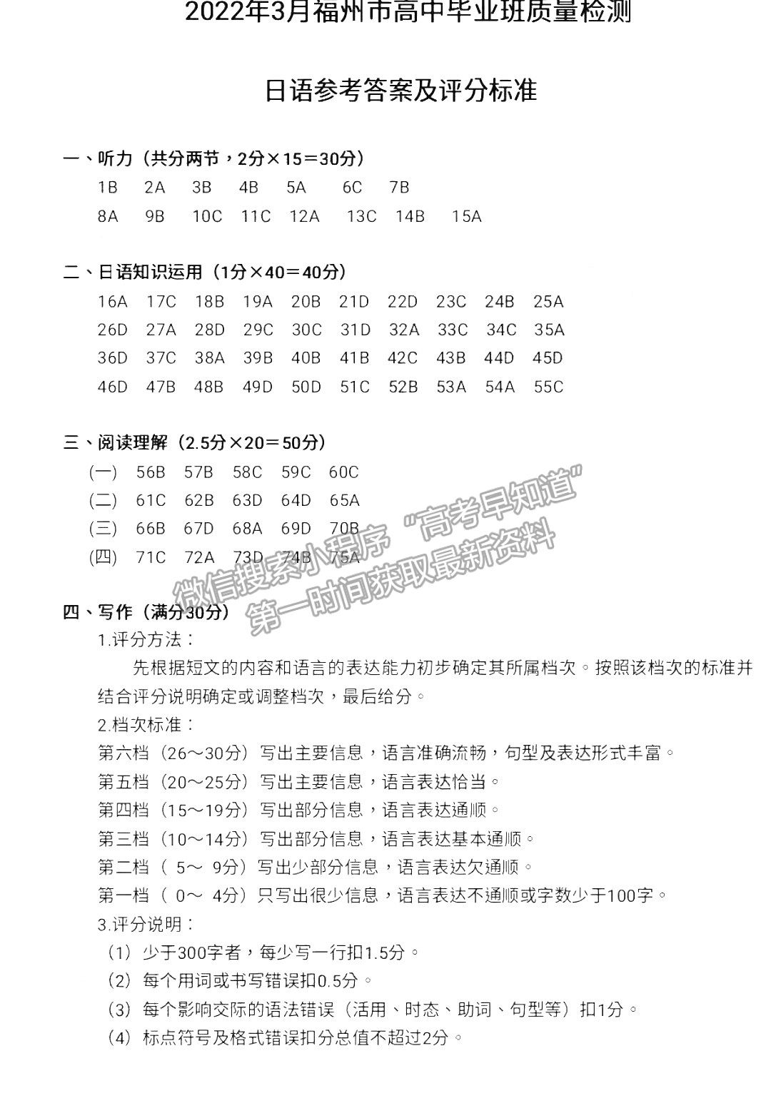 2022年3月福州高三市質(zhì)檢日語(yǔ)試卷答案