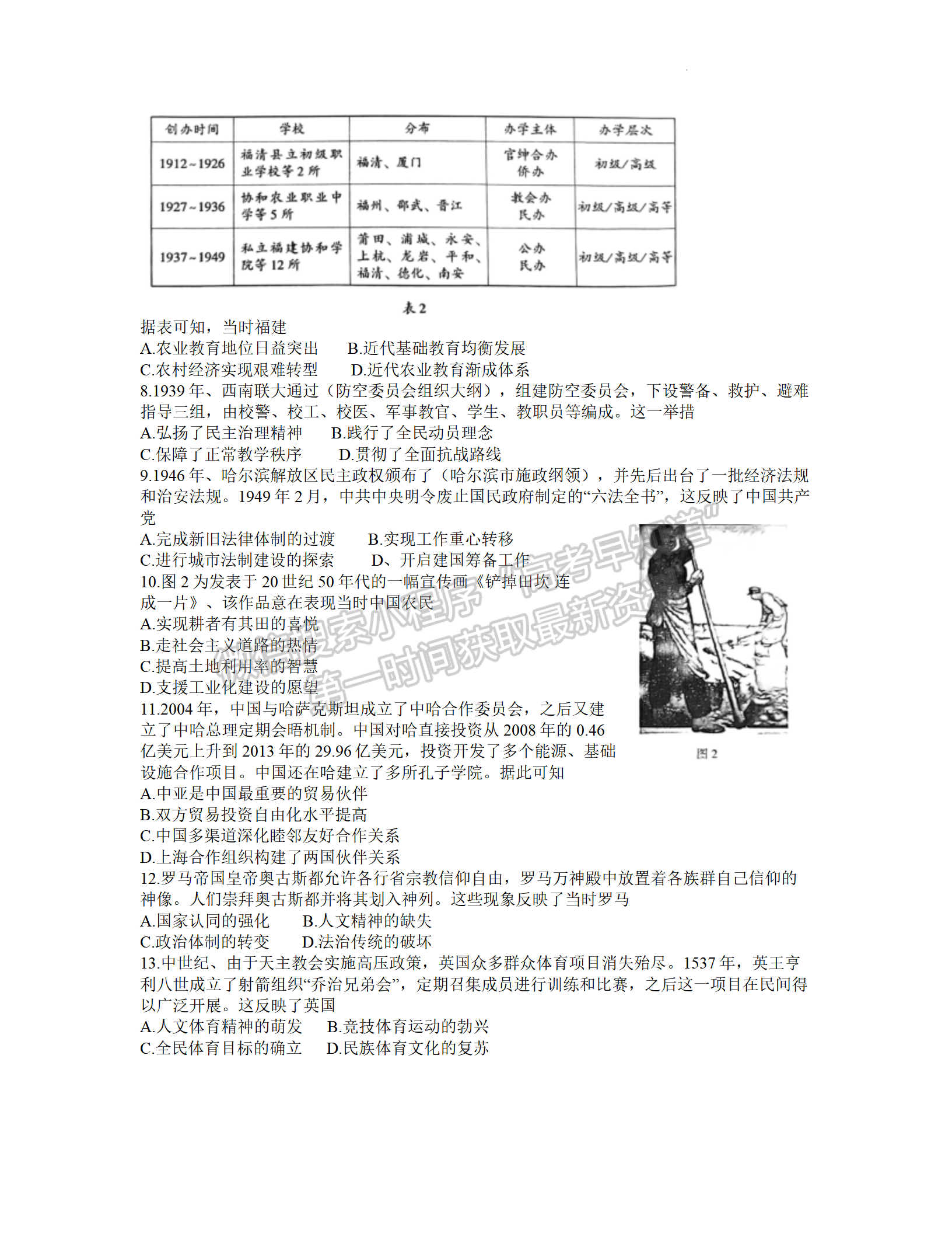 2022年3月福州高三市質檢歷史試卷答案