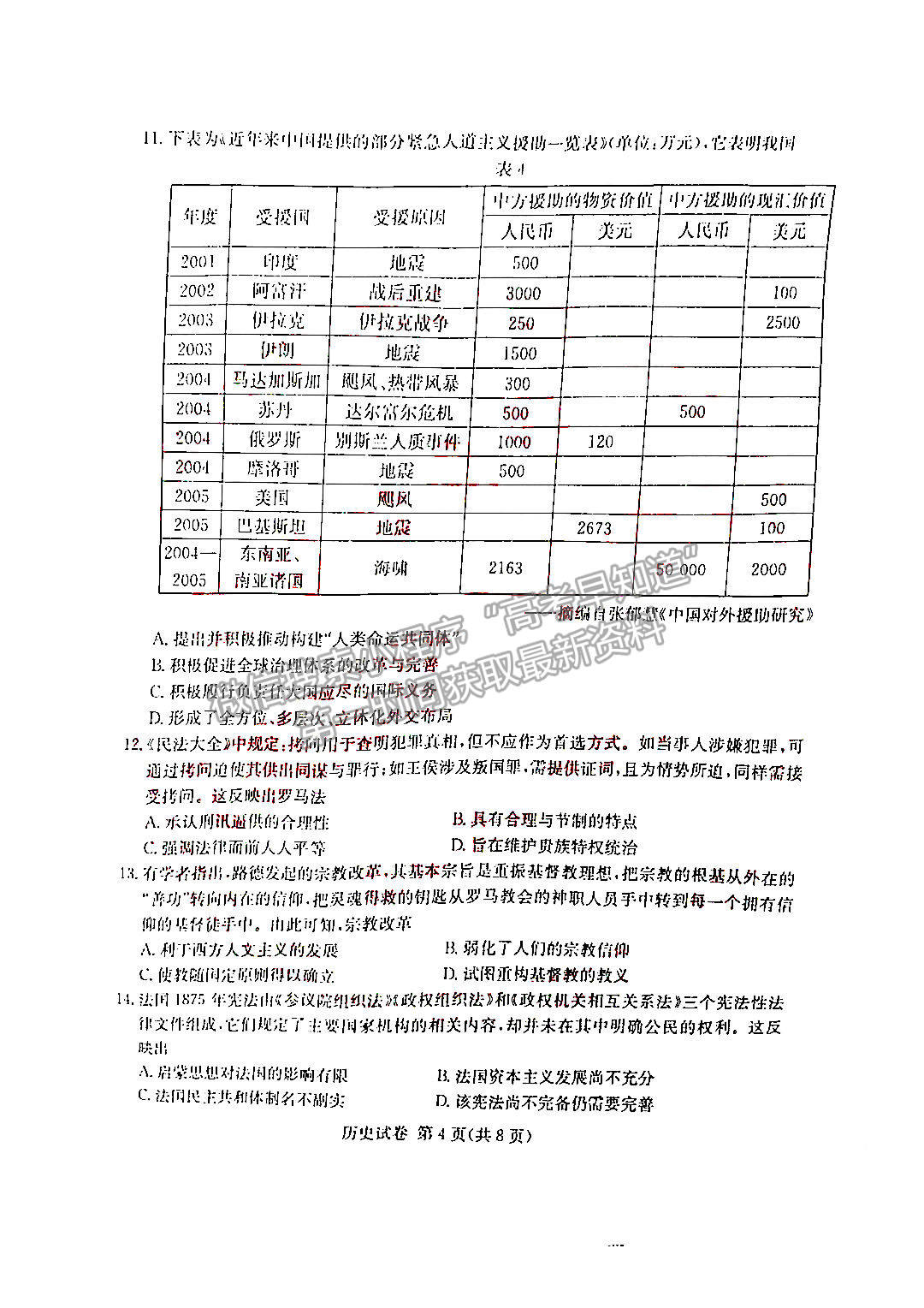 2022屆湖南新高考教學(xué)教研聯(lián)盟（五市十校）高三第一次聯(lián)考?xì)v史試題及參考答案