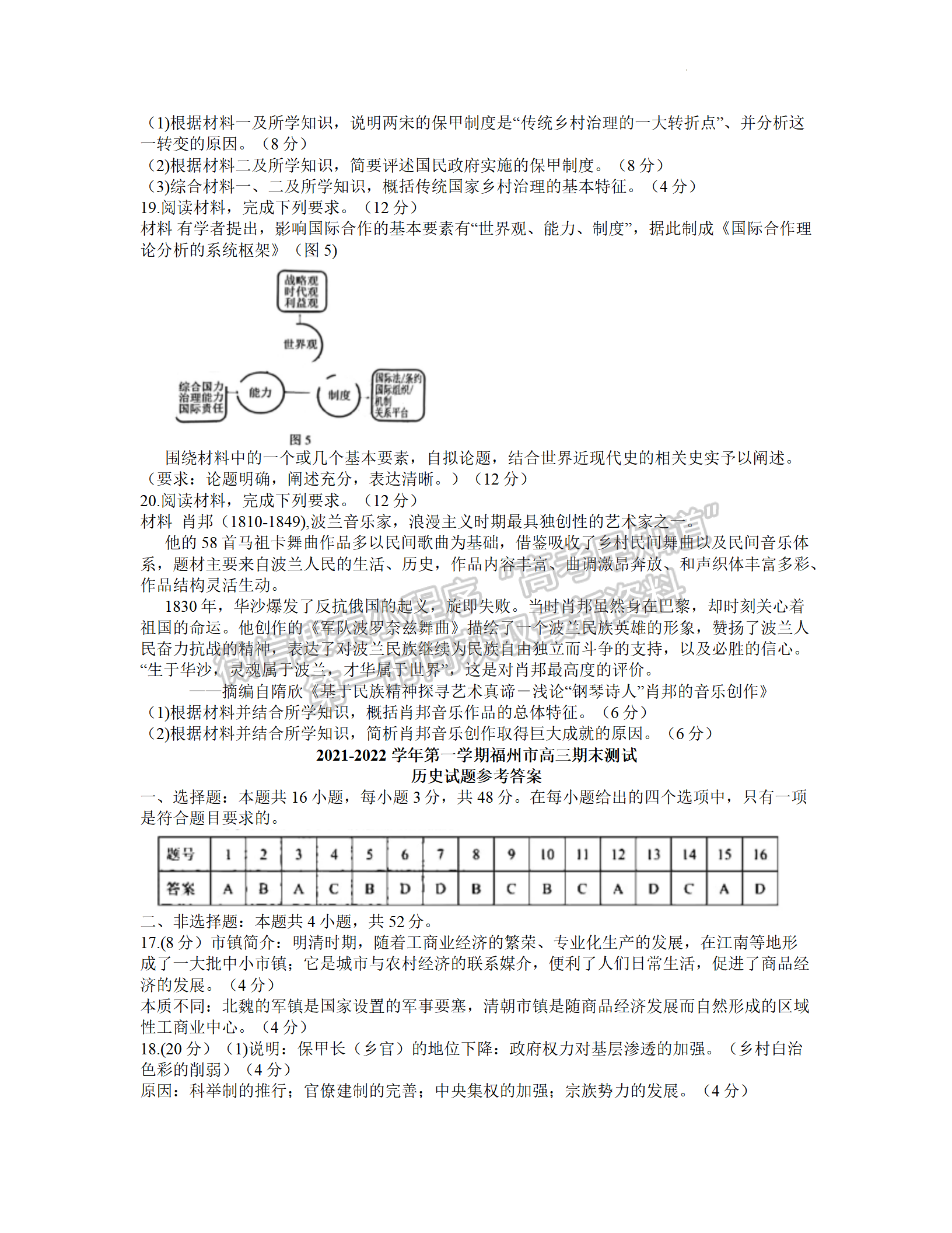 2022年3月福州高三市質檢歷史試卷答案