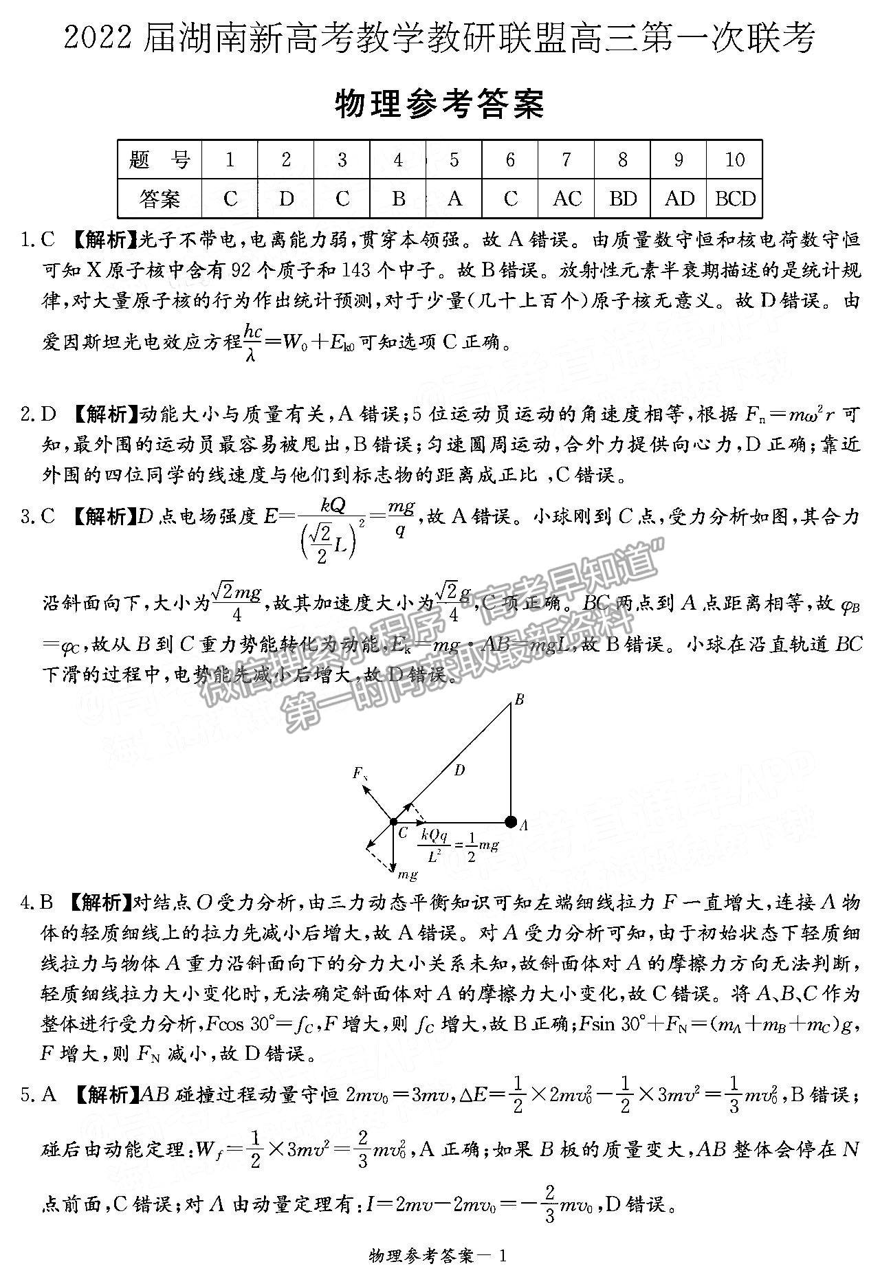 2022屆湖南新高考教學(xué)教研聯(lián)盟（五市十校）高三第一次聯(lián)考物理試題及參考答案