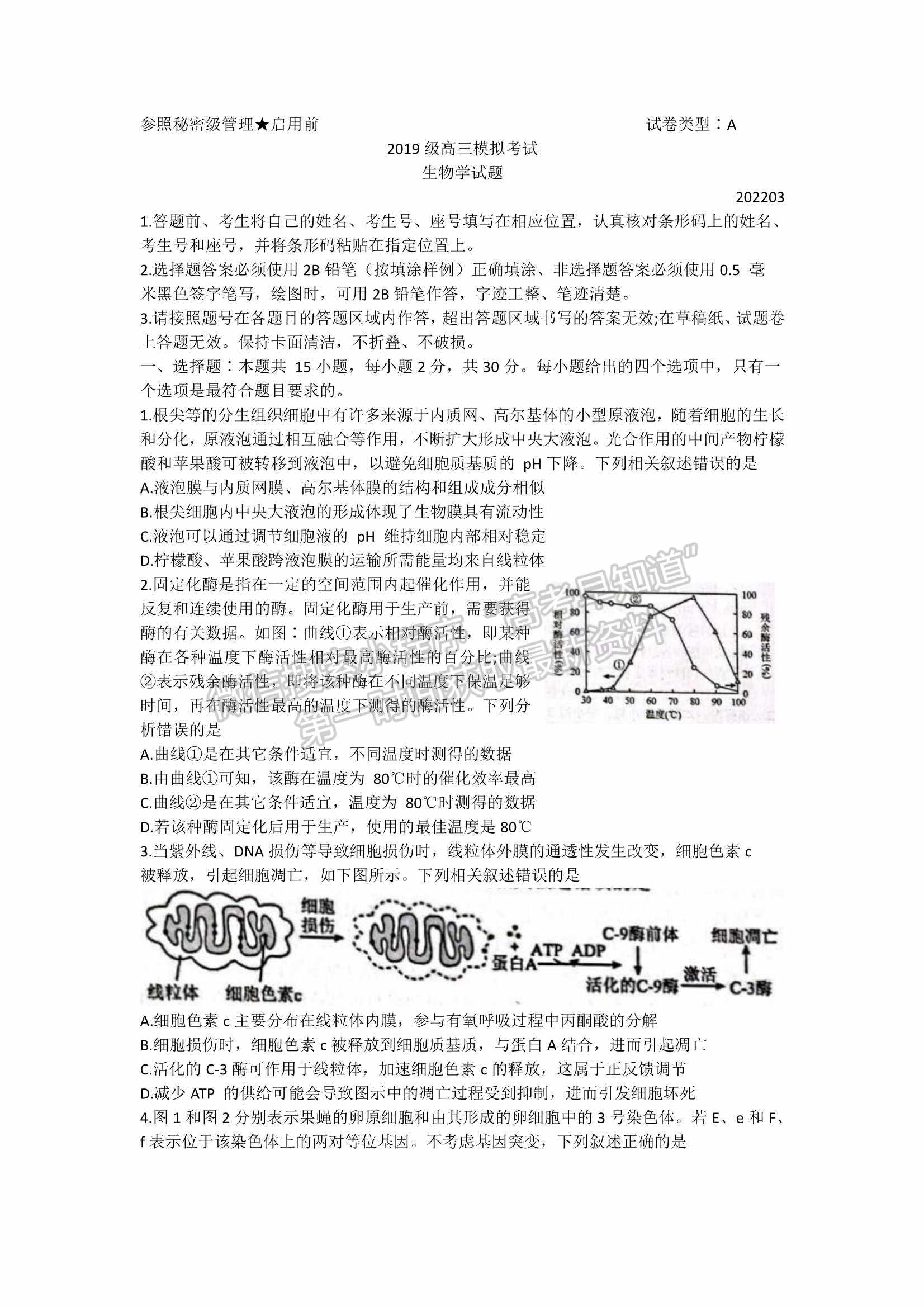 山東省日照市2022屆高三模擬考試（一模）生物試題及參考答案