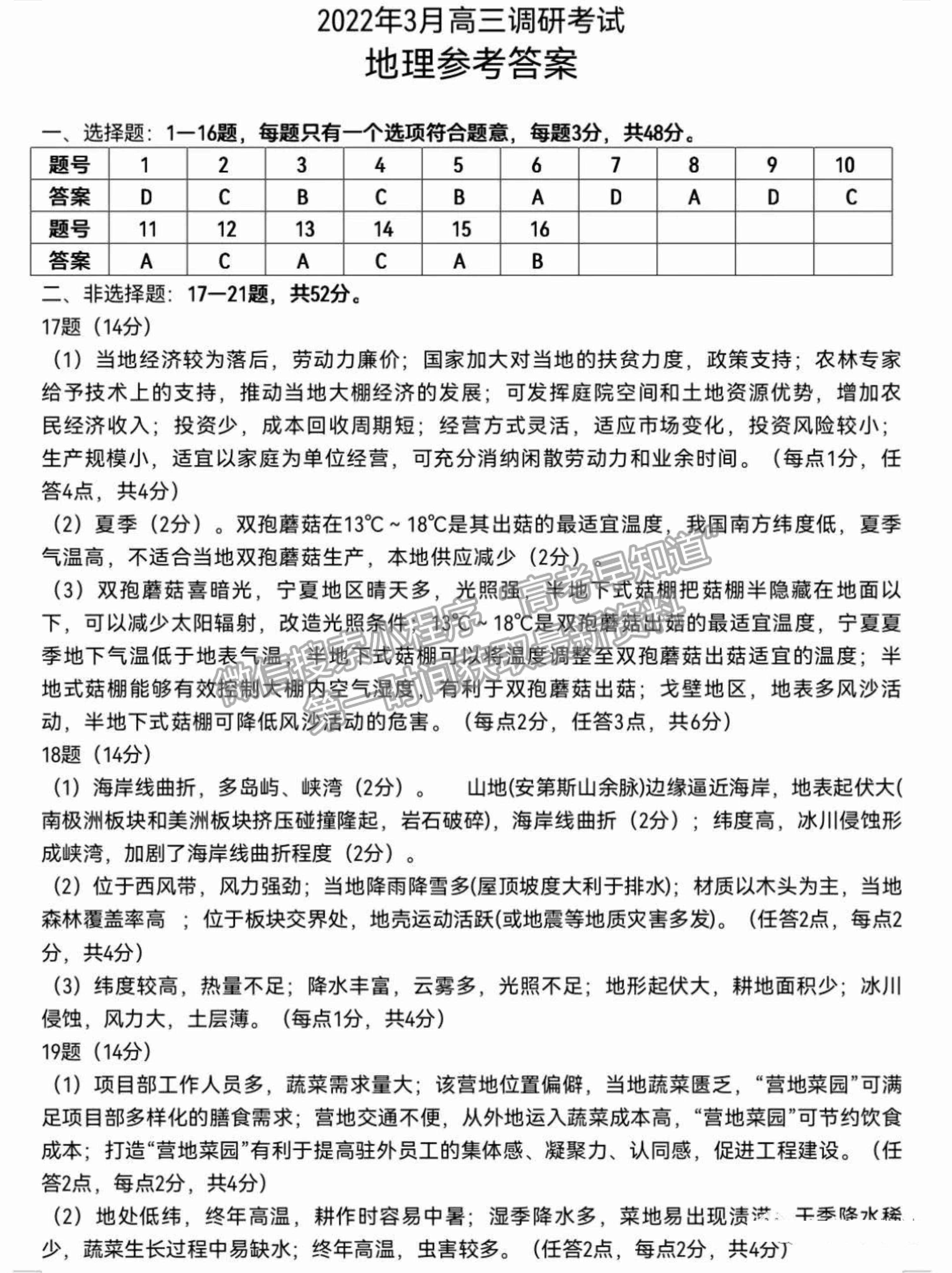 2022屆湖南省高三下學期3月調(diào)研地理試題及參考答案