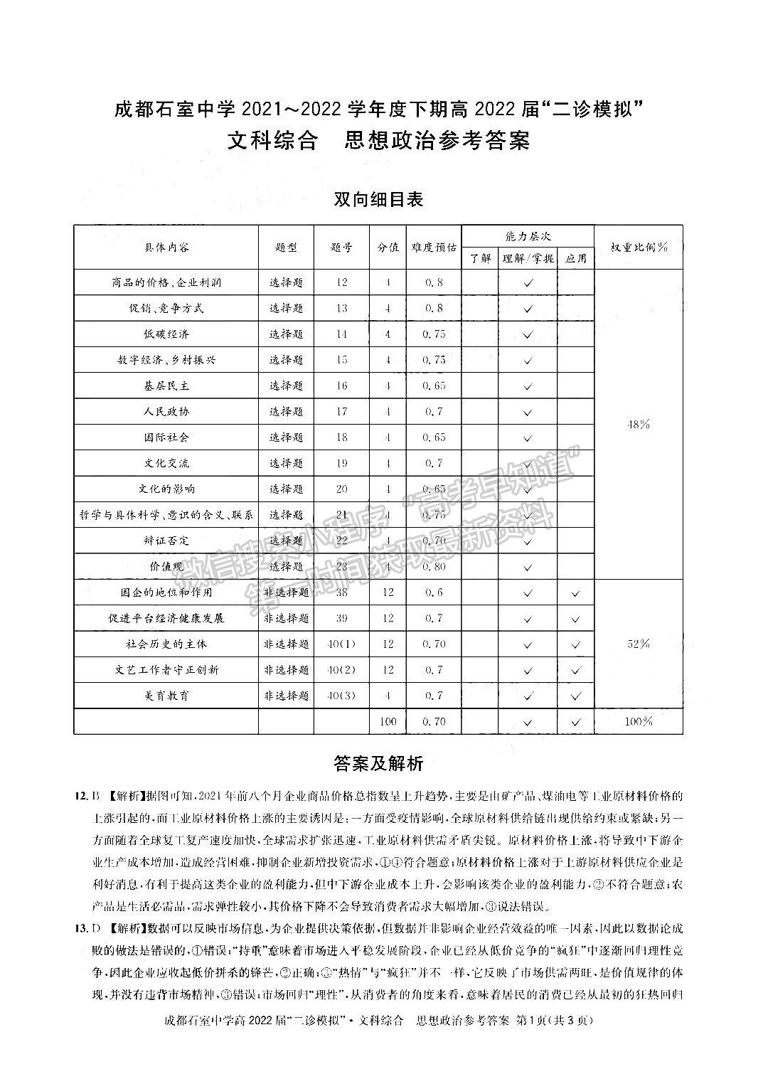 成都石室中學(xué)2021-2022學(xué)年度下期高2022屆“二診模擬”文科綜合試題及答案