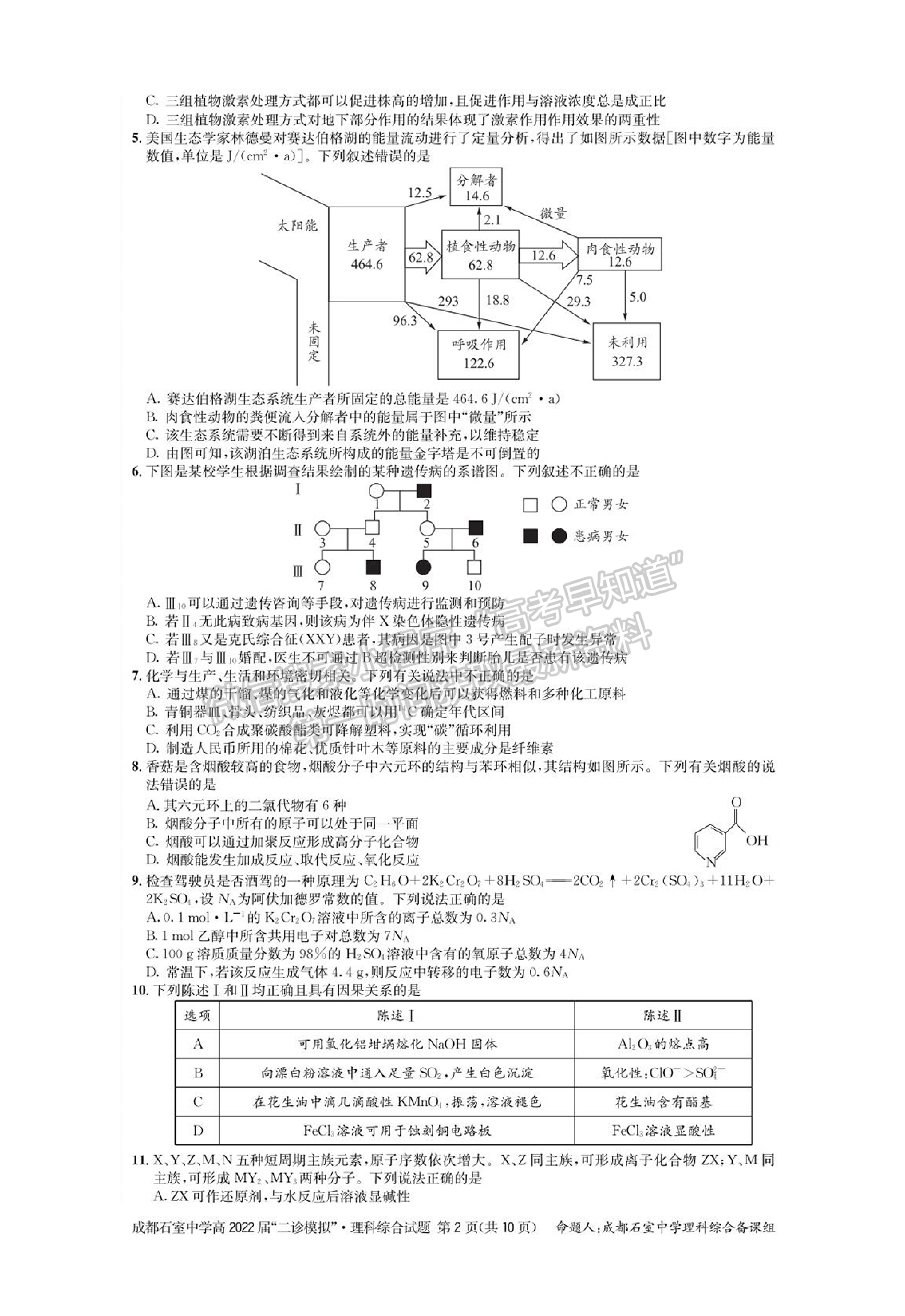 成都石室中學2021-2022學年度下期高2022屆“二診模擬”理科綜合試題及答案