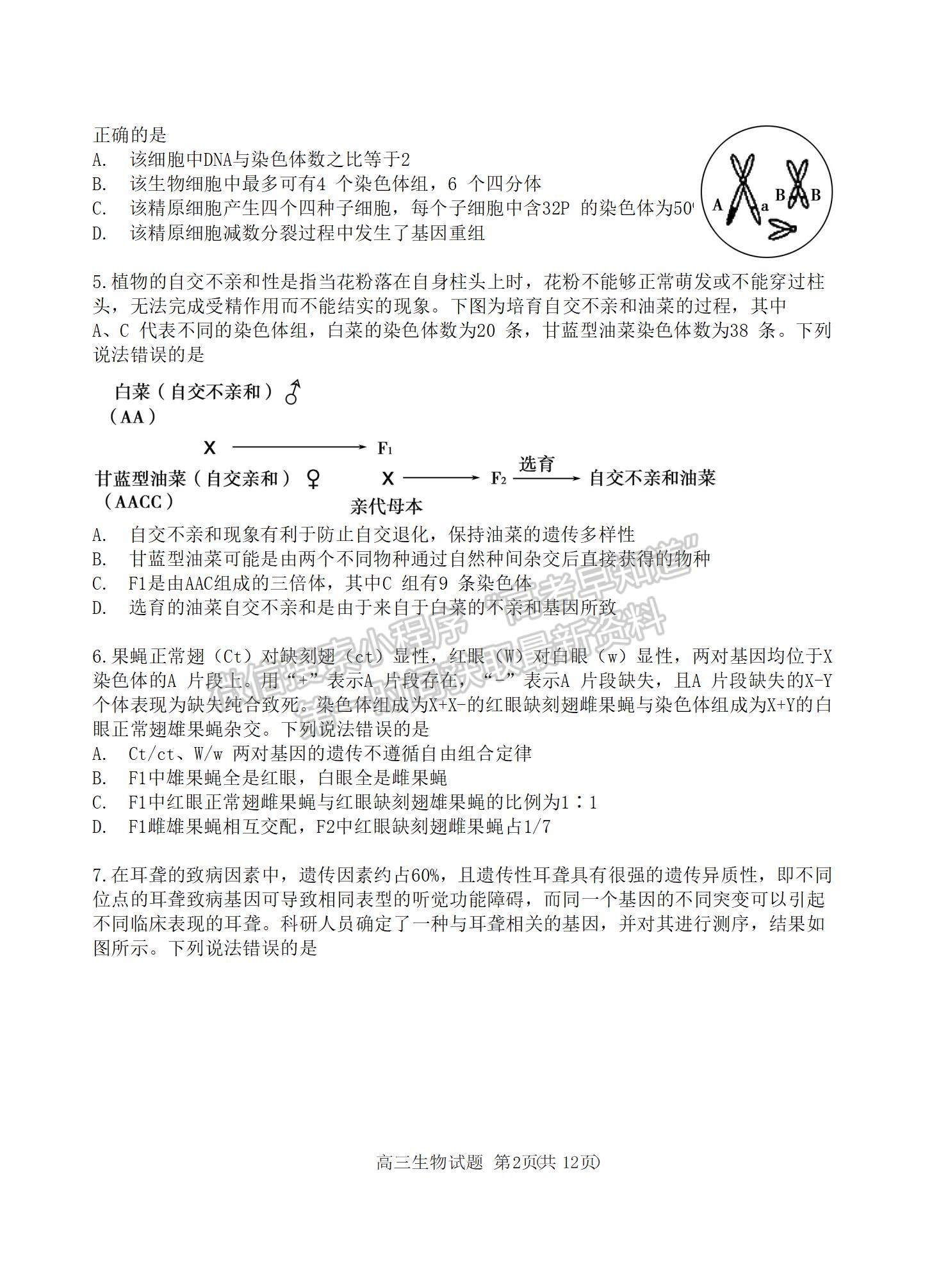 2022山東泰安一模生物試題及參考答案