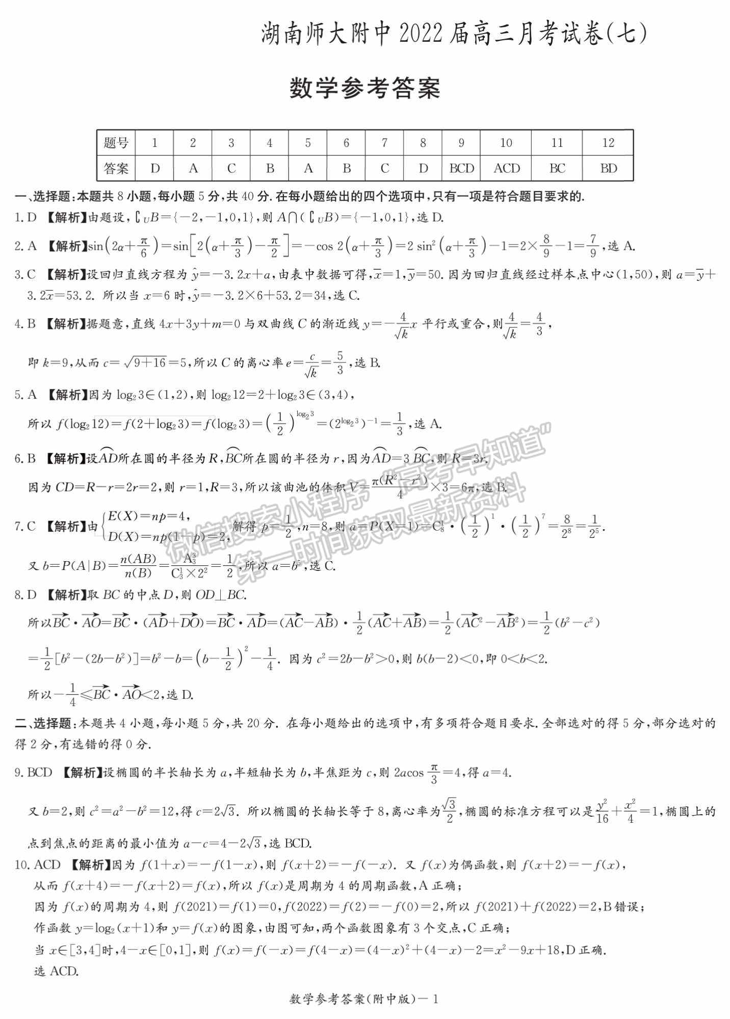 2022湖南師范大學(xué)附屬中學(xué)高三月考（七）數(shù)學(xué)試卷及參考答案