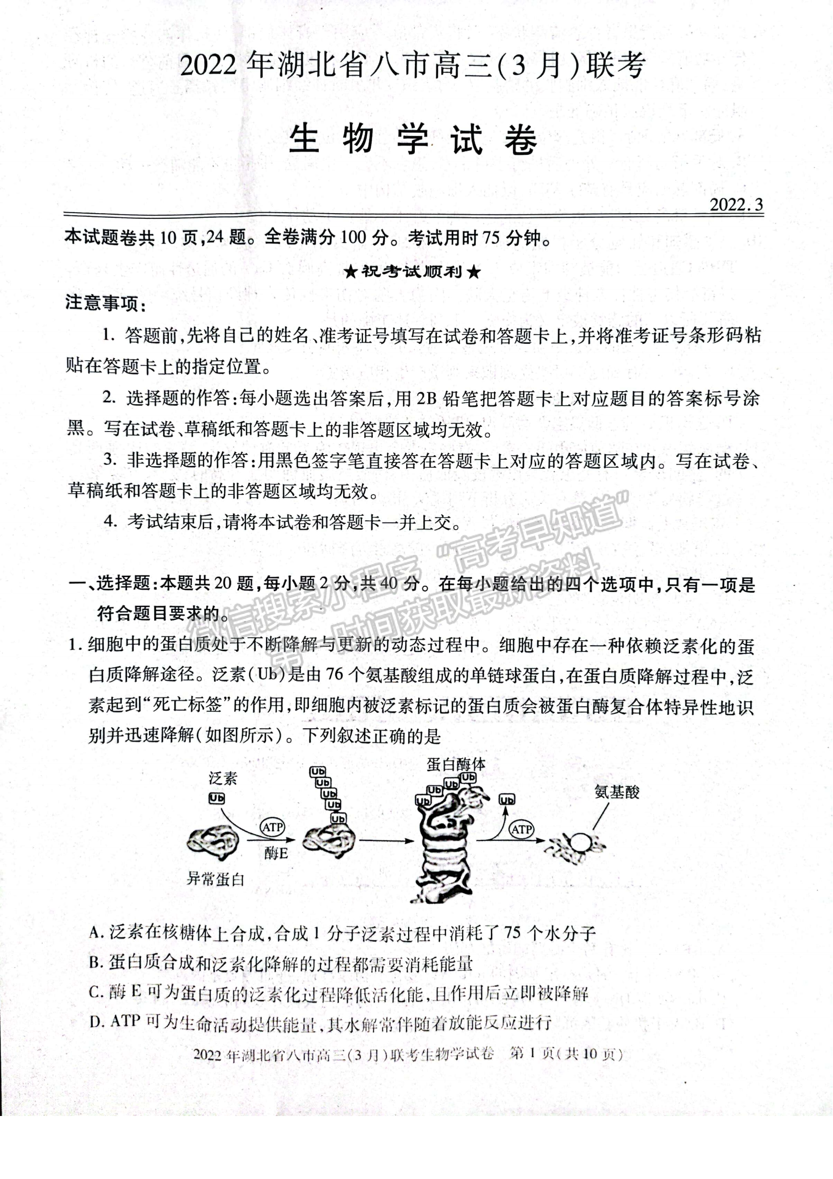 2022湖北八市高三3月聯(lián)考生物試卷及答案