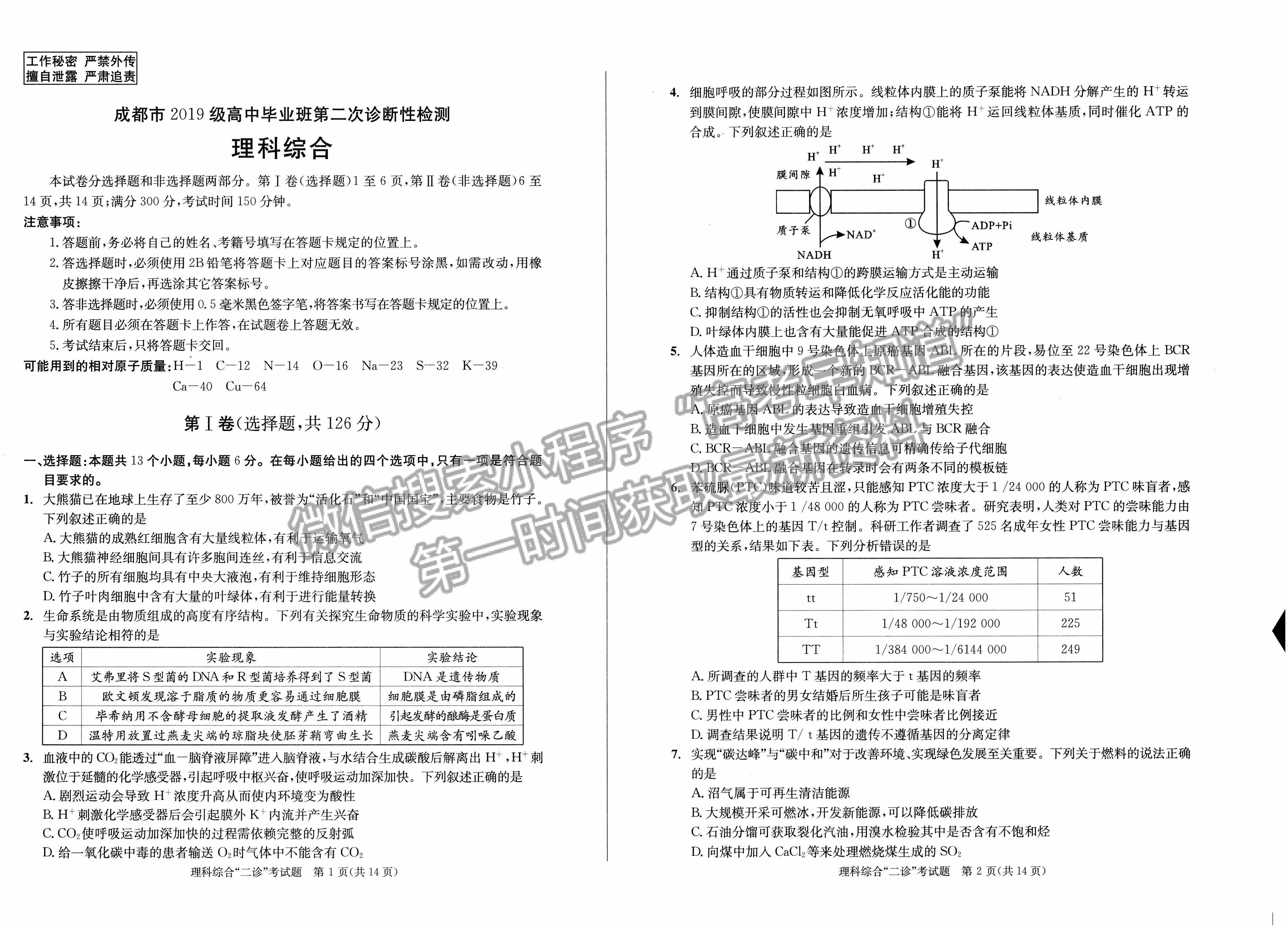 2022四川省成都市2019級(jí)高中畢業(yè)班第二次診斷性檢測(cè)理科綜合試題及答案