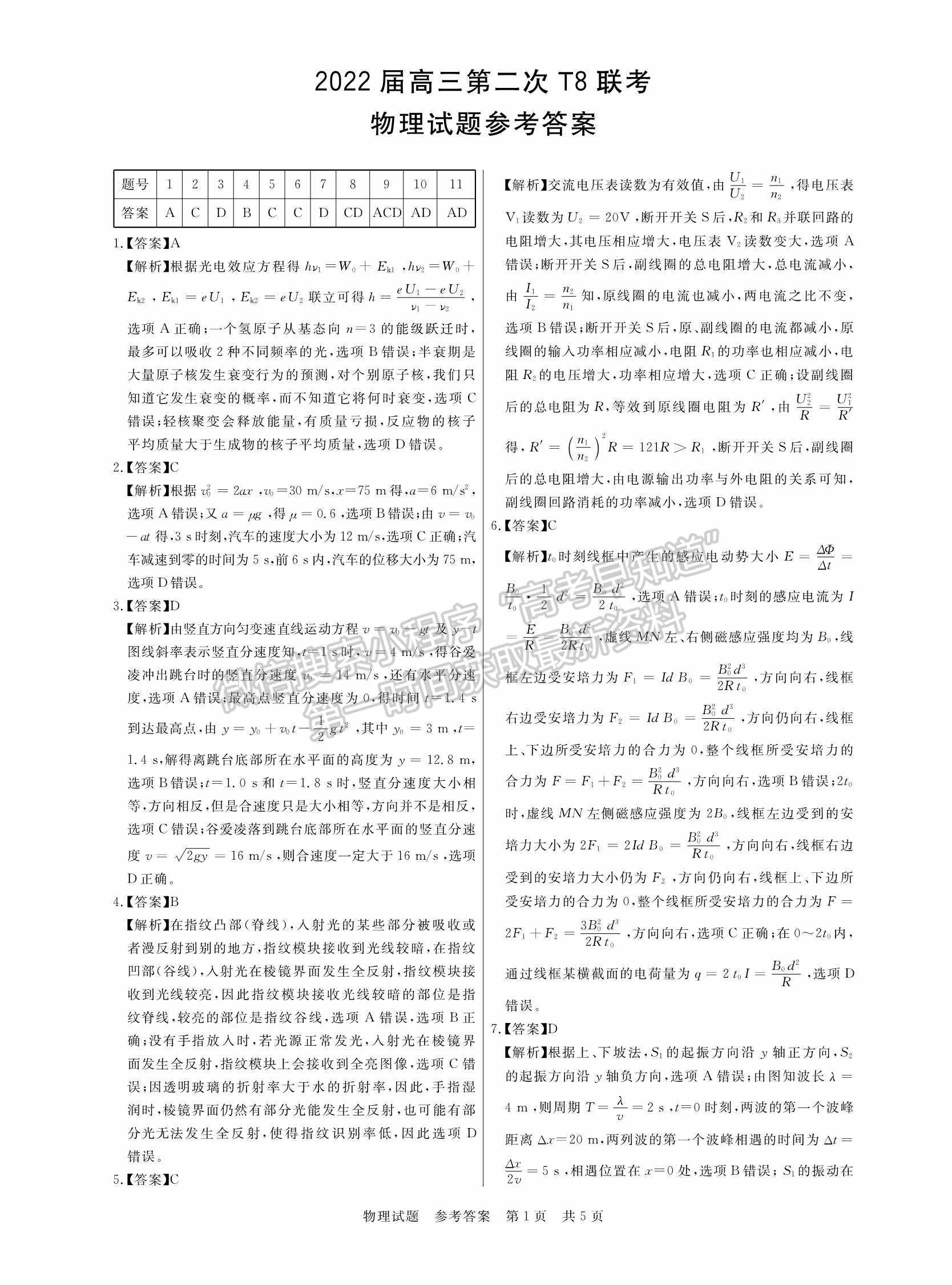 2022屆八省T8聯(lián)考高三第二次聯(lián)考（湖南）物理試題及參考答案