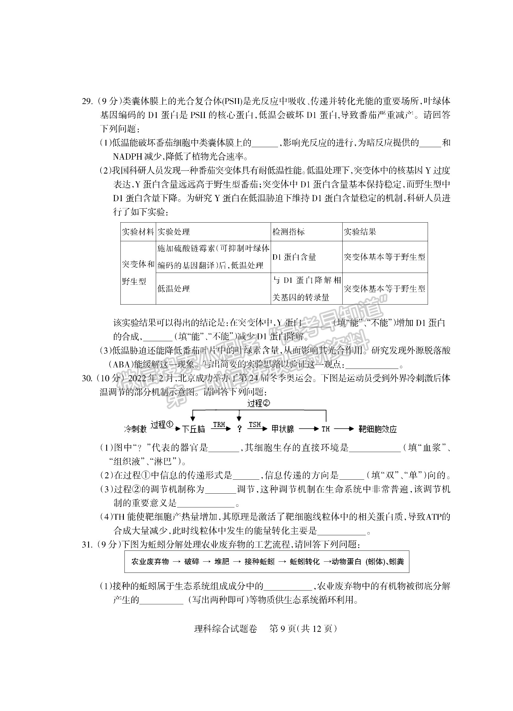 2022四川省涼山州2022屆高中畢業(yè)班第二次診斷性檢測(cè)理科綜合試題及答案