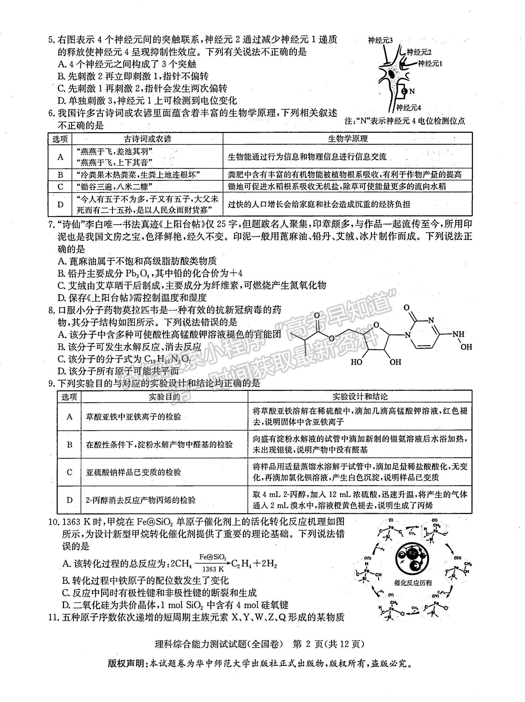 2022安徽華大新高考聯(lián)盟高三3月（全國卷）理綜試卷及答案