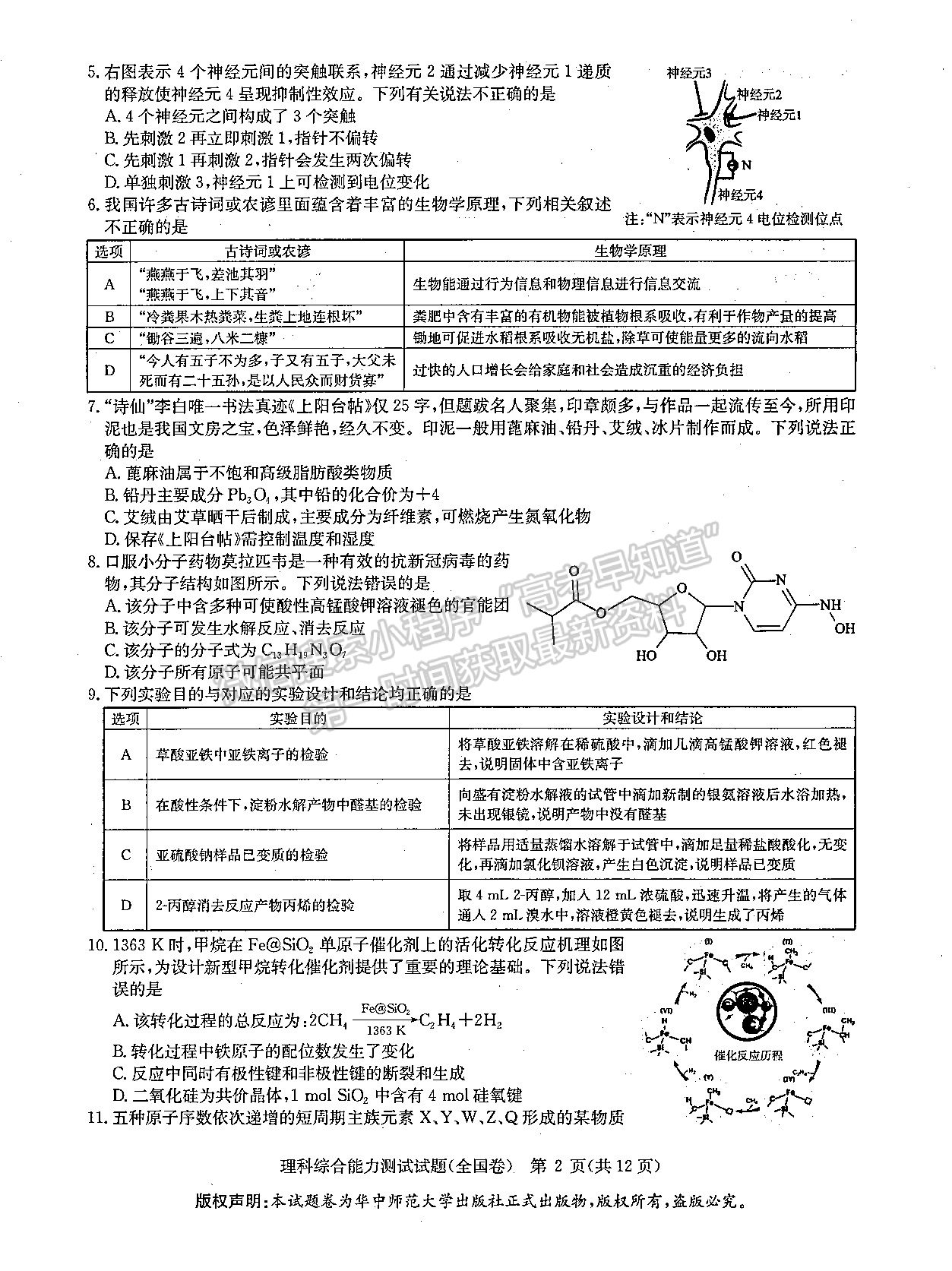 2022華大新高考聯(lián)盟高三3月教學(xué)質(zhì)量測評（全國卷）理綜試題及參考答案 