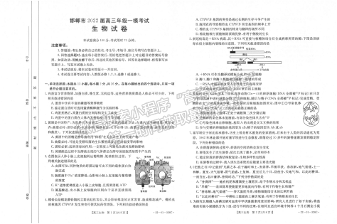 2022年3月河北邯鄲高三一模聯(lián)考生物試卷答案