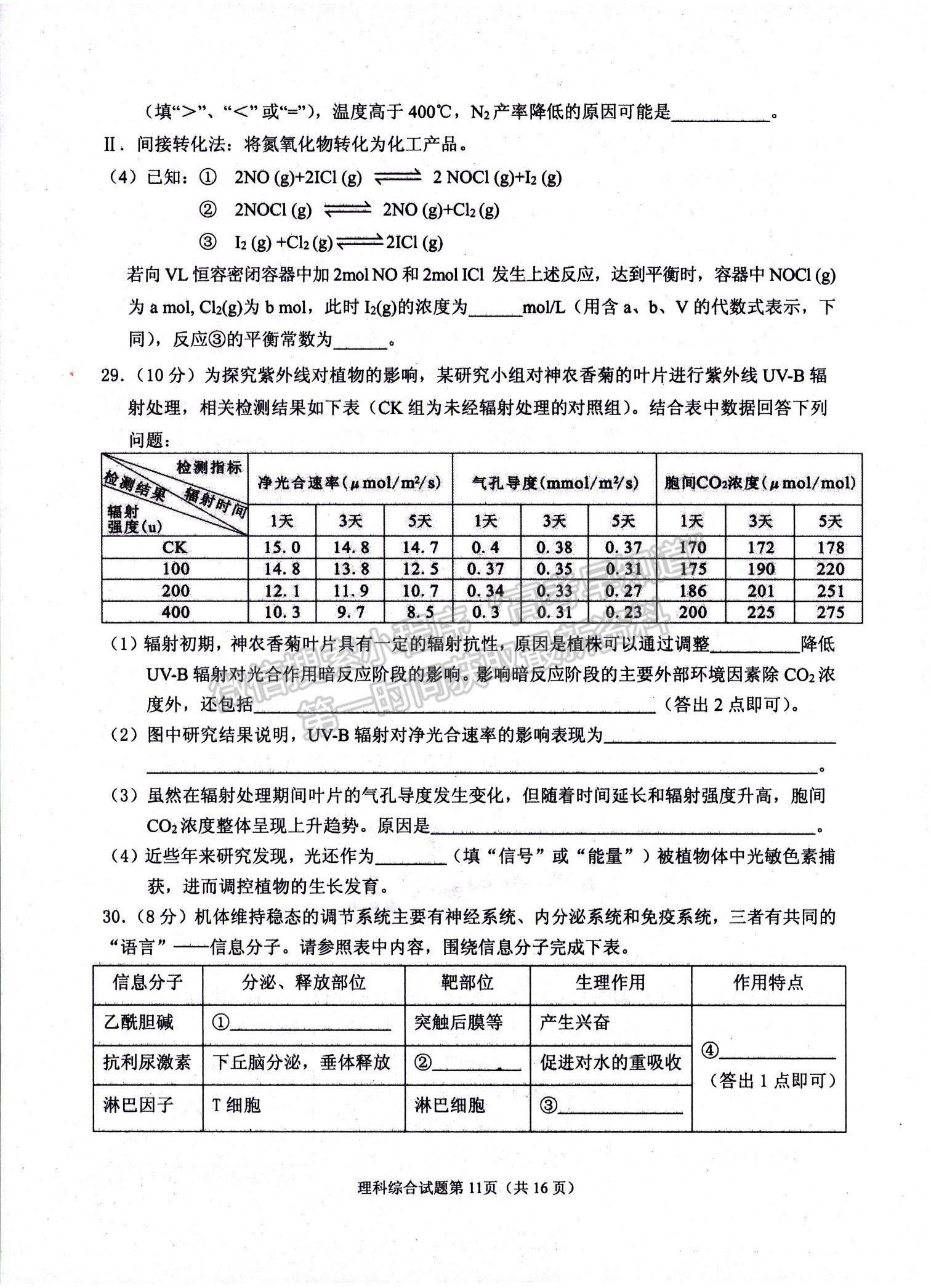 2022安徽安慶二模理綜試卷及答案