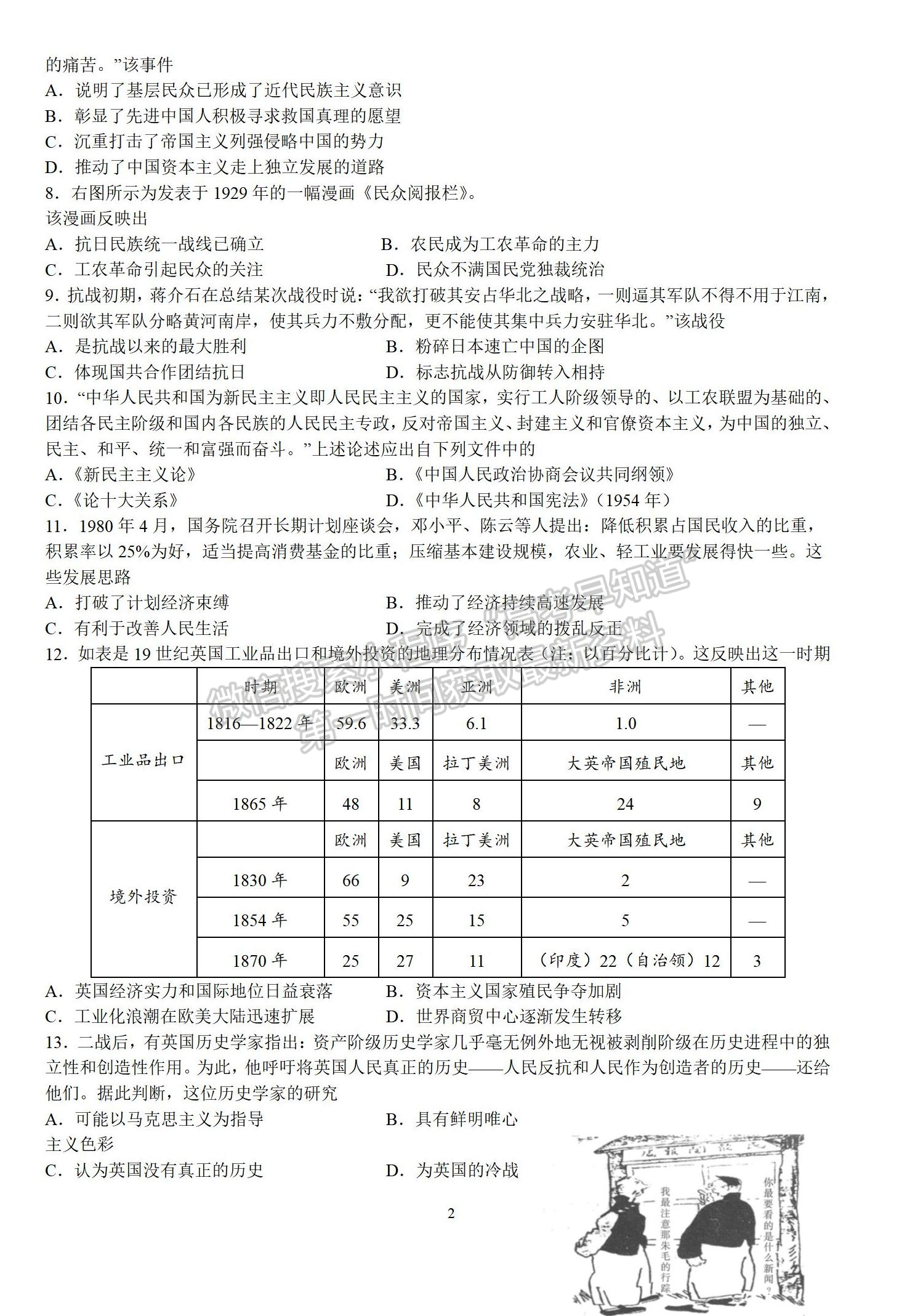 2022屆江蘇省南京市高考模擬卷（一）歷史試題及答案