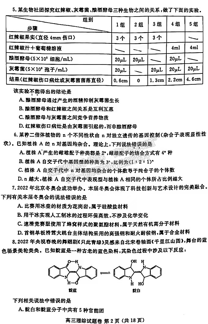 2022年鄭州二模理綜試題及參考答案