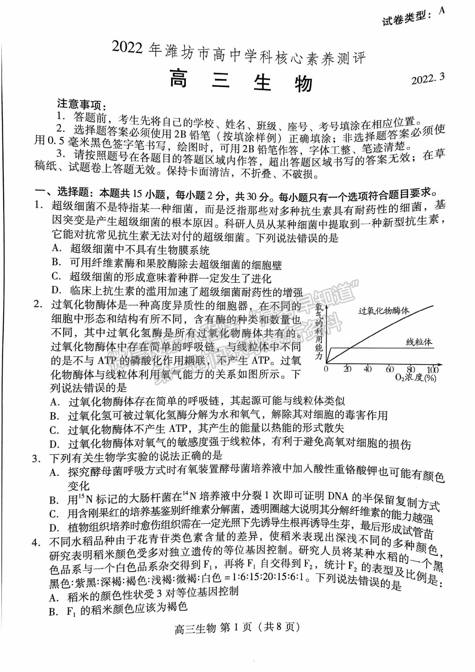 山東省濰坊市2022屆高三下學(xué)期高中學(xué)科核心素養(yǎng)測(cè)評(píng)生物試題及參考答案