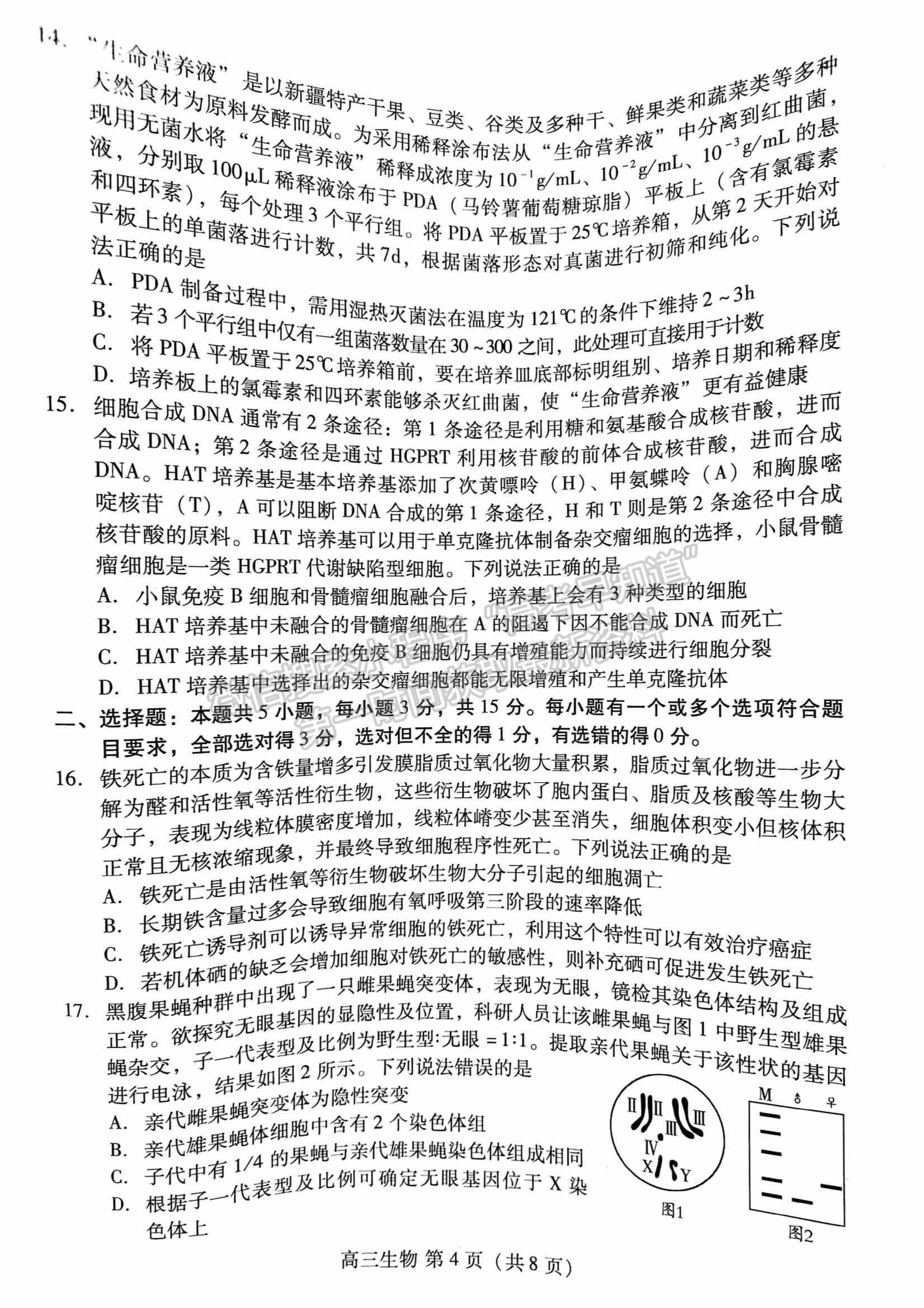 山東省濰坊市2022屆高三下學(xué)期高中學(xué)科核心素養(yǎng)測(cè)評(píng)生物試題及參考答案