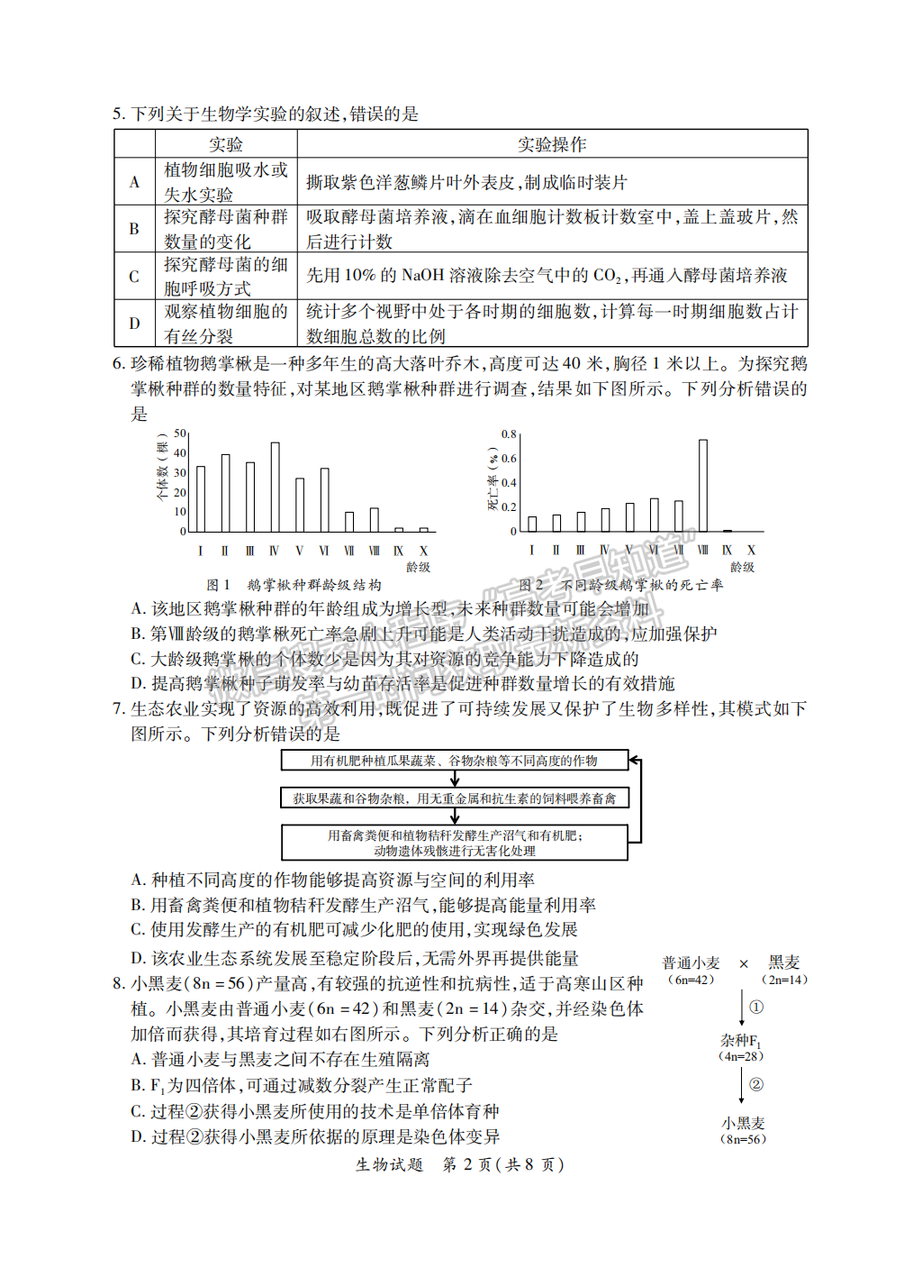 2022屆福建省八地市（福州、廈門、泉州、莆田、南平、寧德、三明、龍巖）高三4月診斷性聯(lián)考生物試卷答案