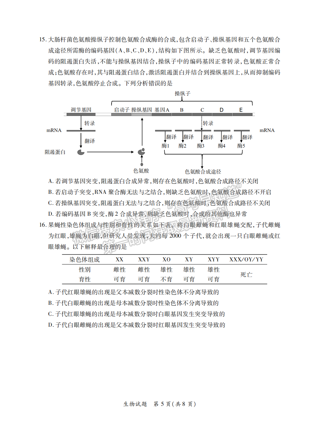 2022屆福建省八地市（福州、廈門、泉州、莆田、南平、寧德、三明、龍巖）高三4月診斷性聯(lián)考生物試卷答案