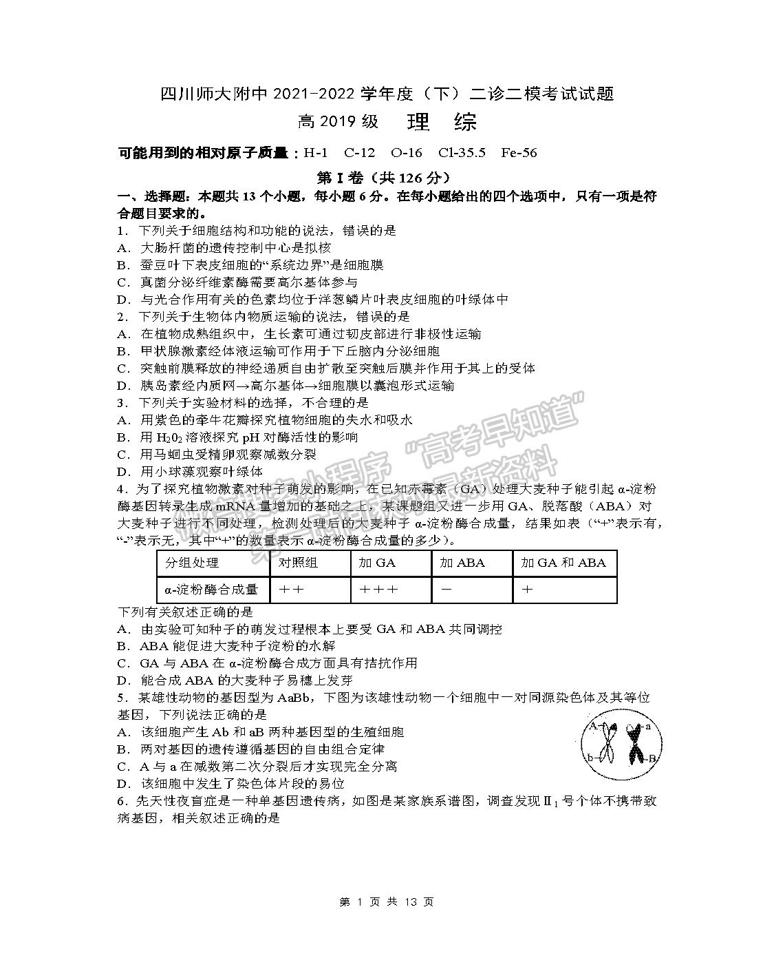 2022四川師范大學(xué)附中高三二診二?？荚?yán)砜凭C合試題及答案