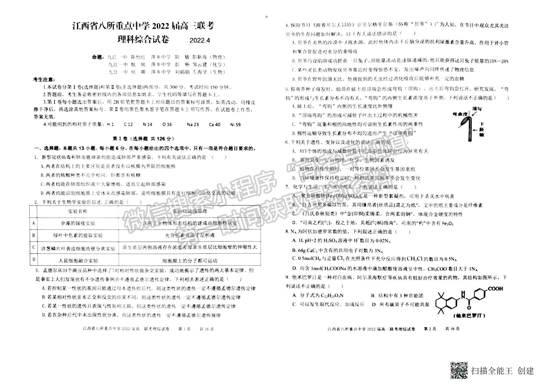 2022年江西省八校高三聯(lián)考理綜試卷及參考答案