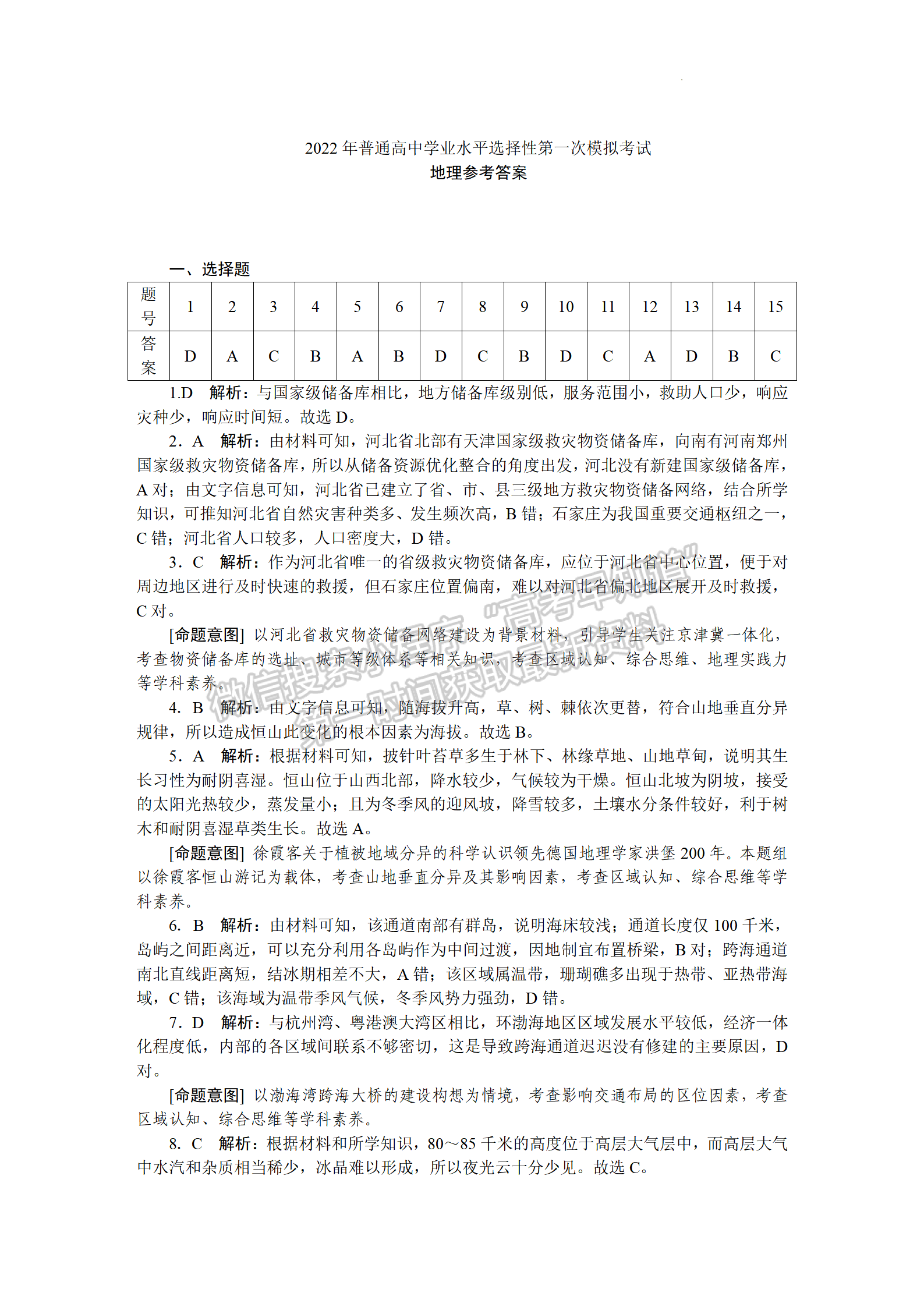 2022年河北保定高三一模聯(lián)考(4月7-9日)地理試卷答案