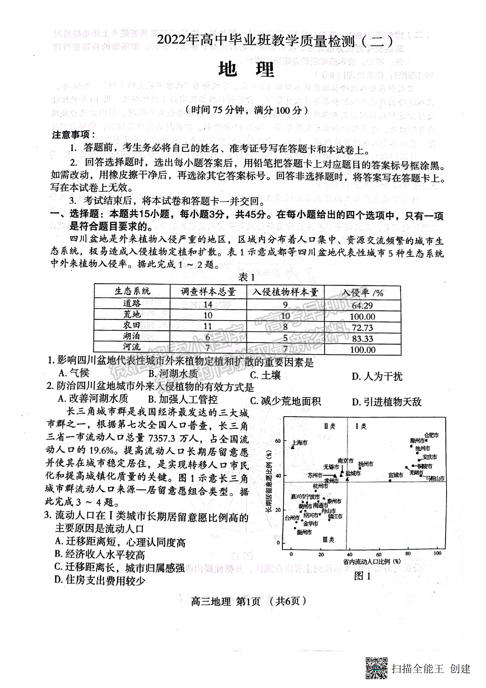 2022年河北高三石家莊一模/邢臺二模聯(lián)考(4月7-9日)地理試卷答案