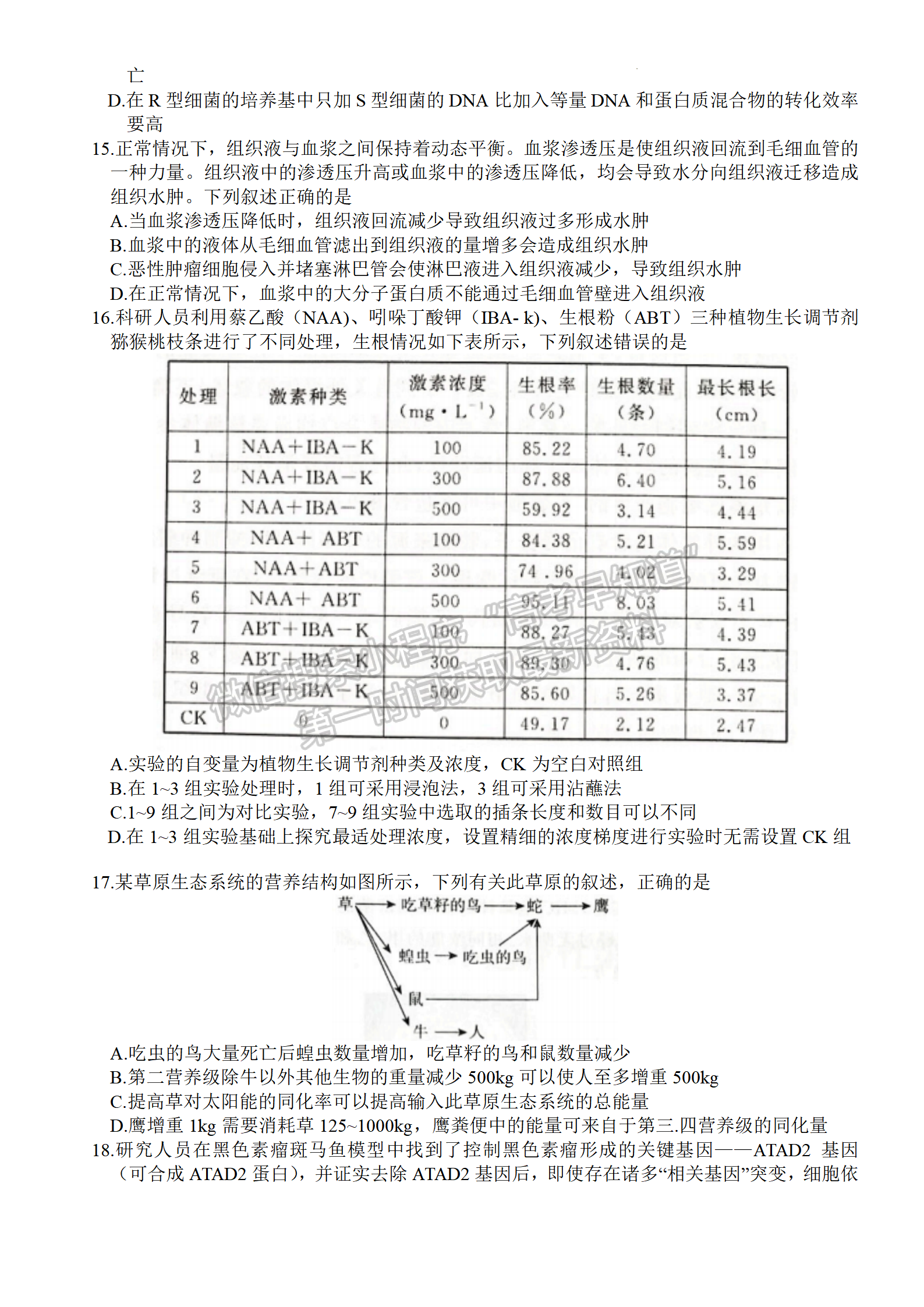 2022年河北保定高三一模聯(lián)考(4月7-9日)生物試卷答案