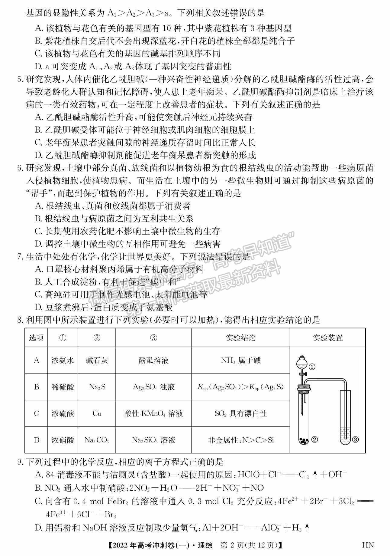 2022河南高考沖刺卷（一）理綜試題及參考答案