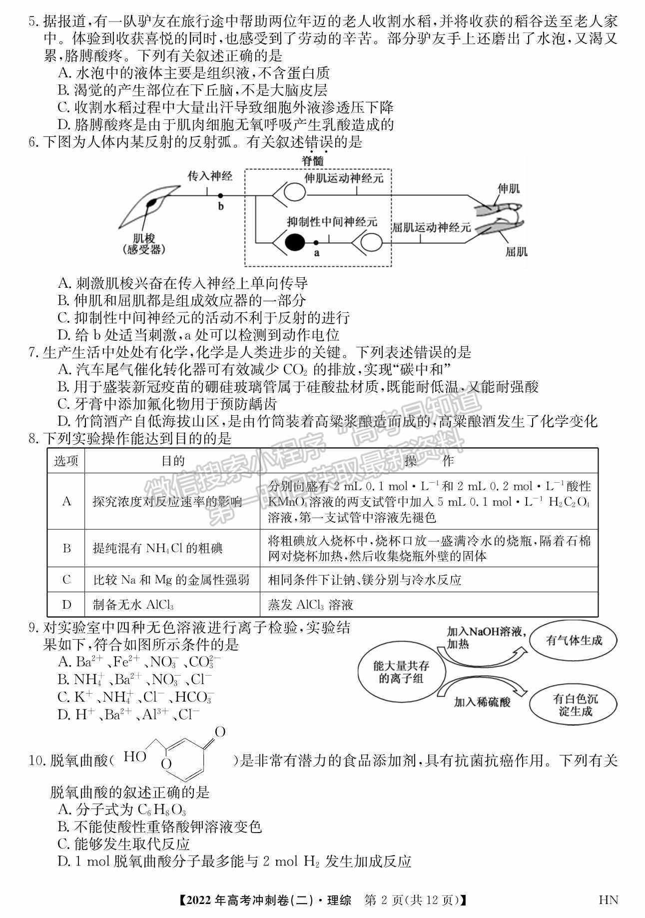 2022河南高考沖刺卷（二）理綜試題及參考答案