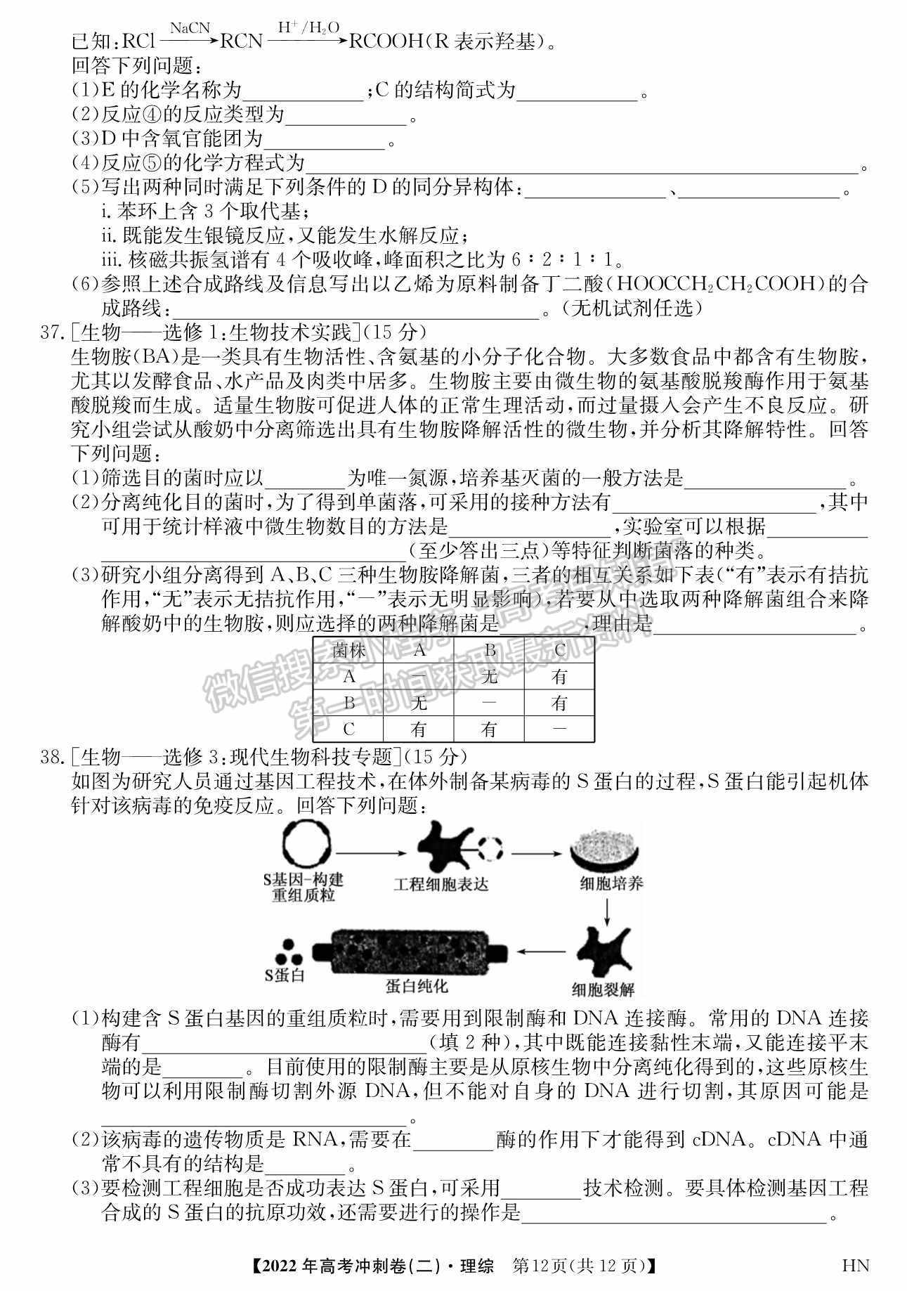 2022河南高考沖刺卷（二）理綜試題及參考答案