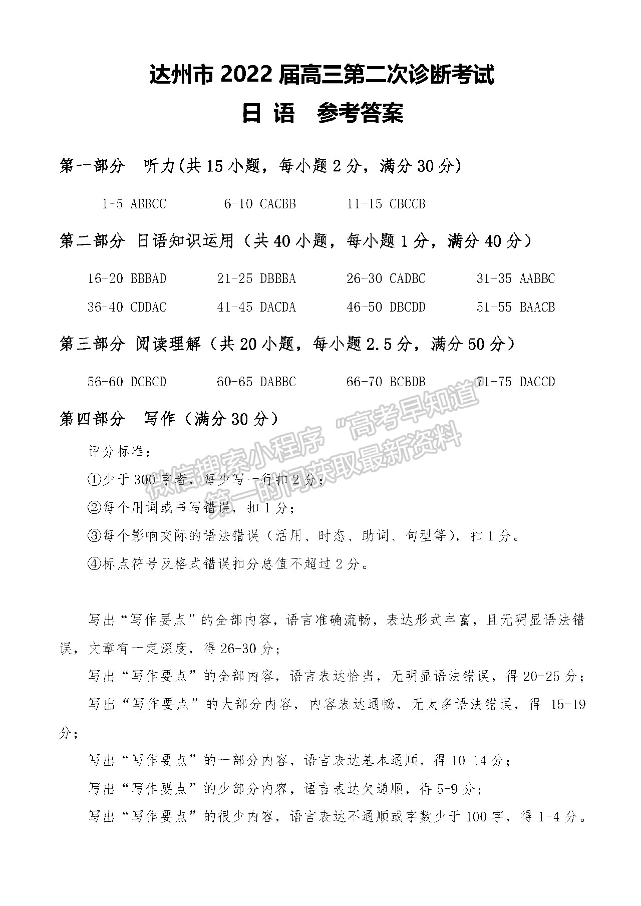 2022四川省達州市普通高中2019級第二次診斷性測試日語試題答案