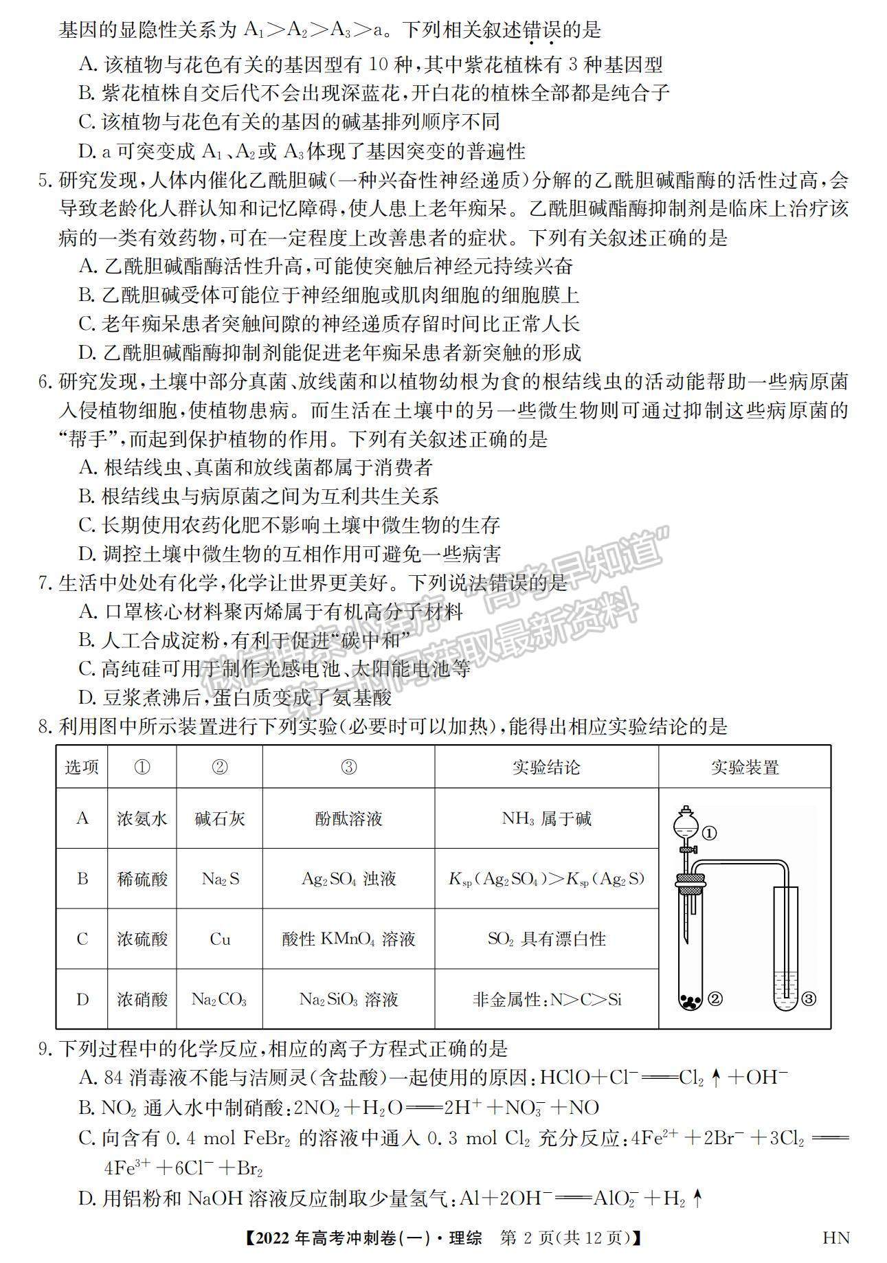 2022安徽高考沖刺卷（一）理綜試卷及答案