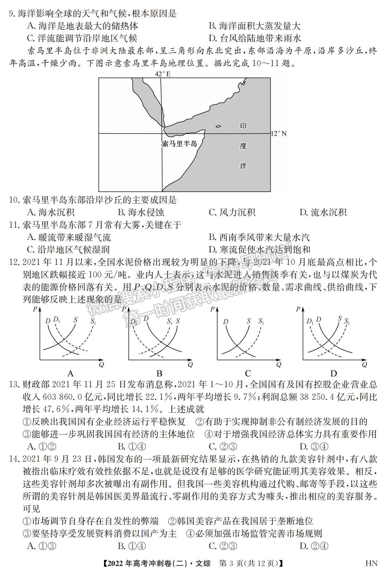 2022安徽高考沖刺卷（二）文綜試卷及答案