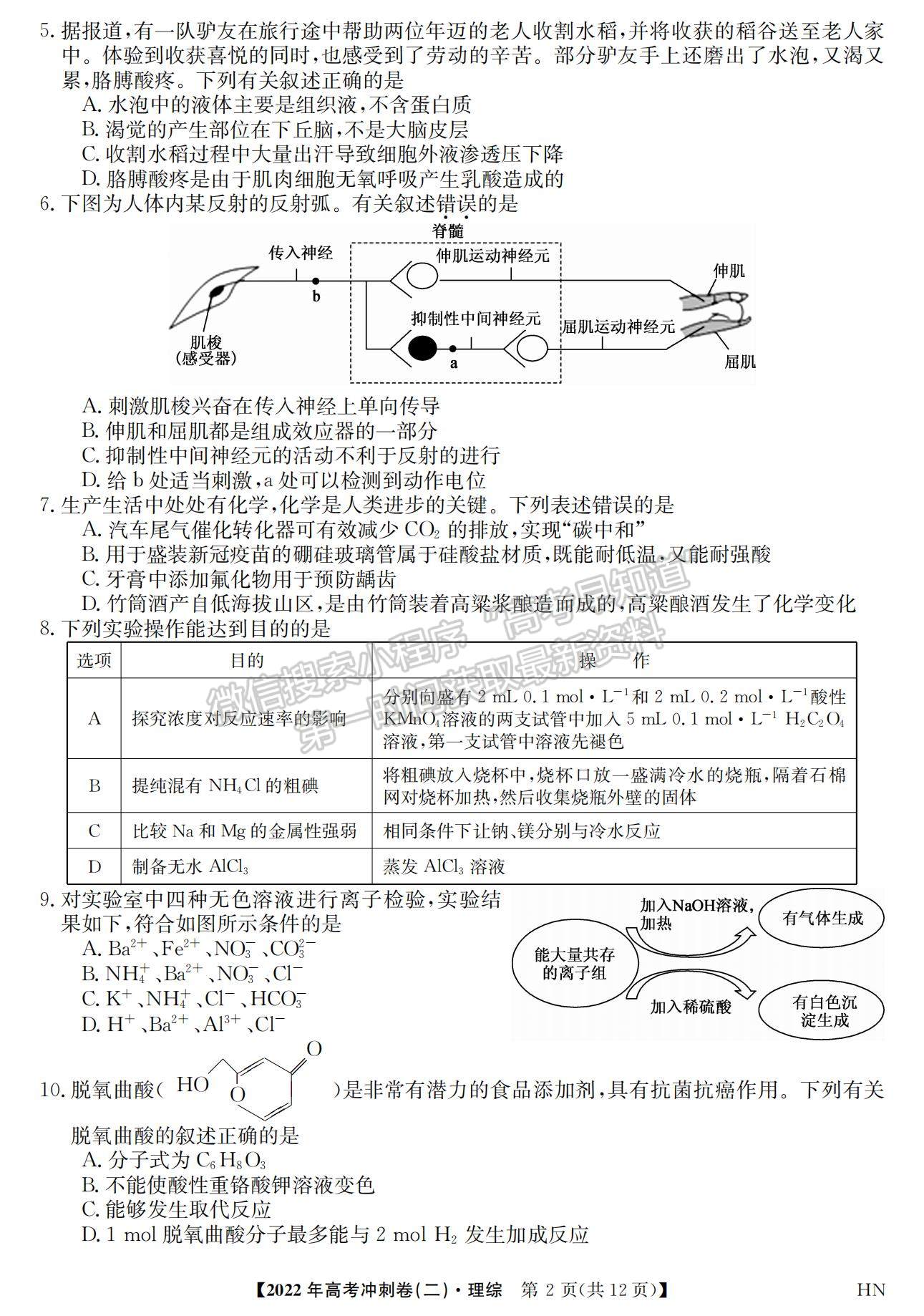 2022安徽高考沖刺卷（二）理綜試卷及答案