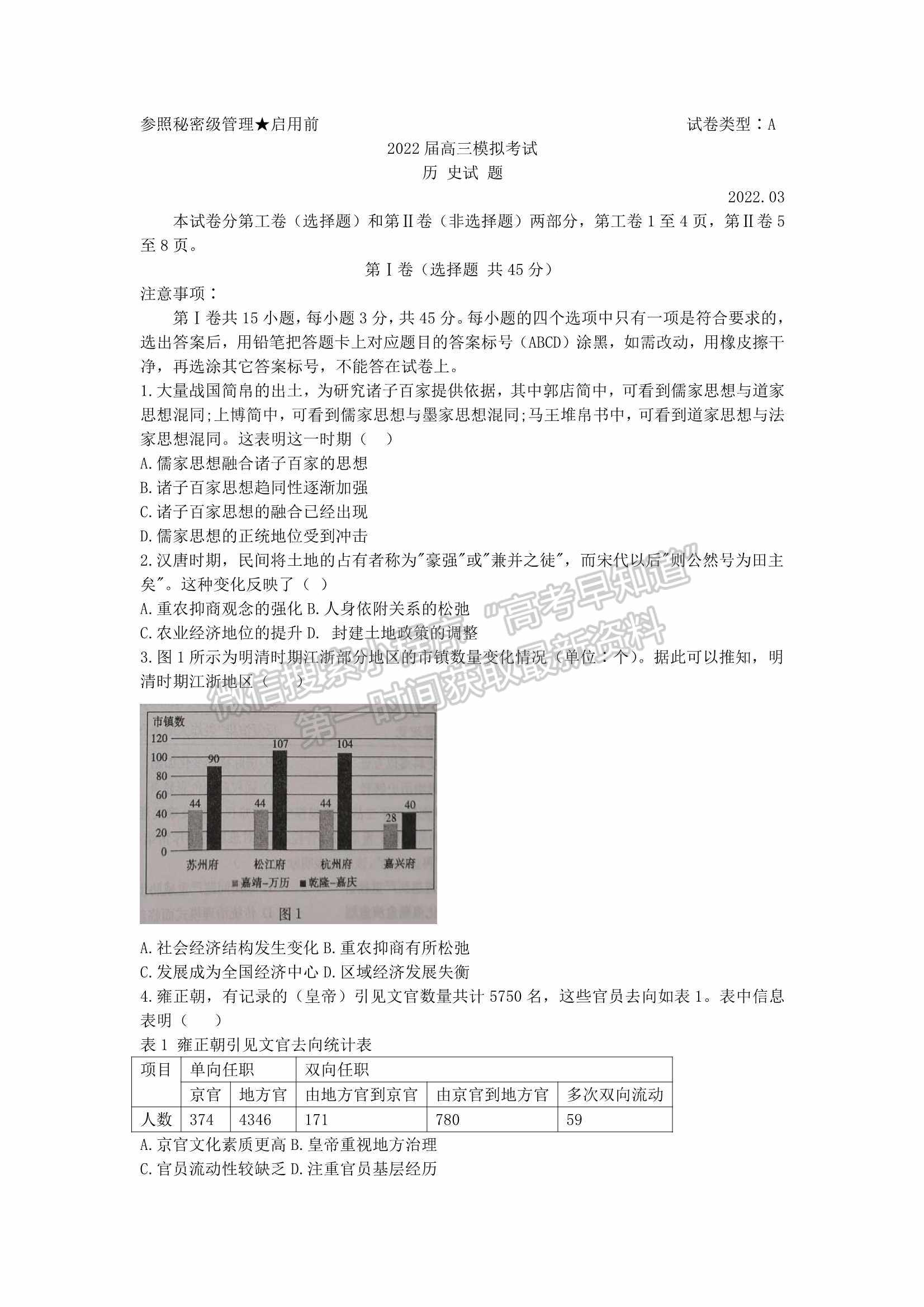2022届山东省枣庄二调高三下学期模考历史试题及参考答案